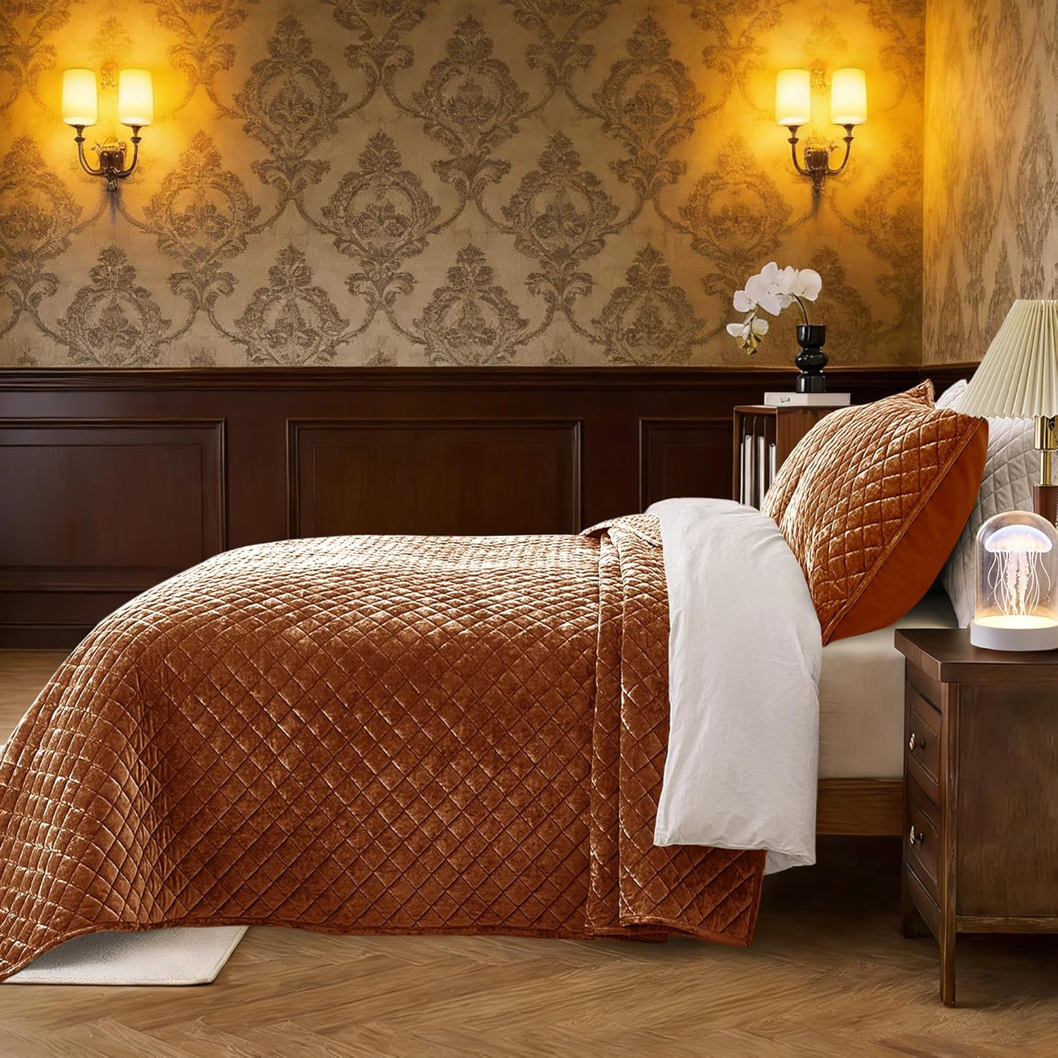 Velvet California King Quilt Size Set 106x118 Luxury Soft Bedspread Coverlet 3-Piece King Comforter Sets with 2 Pillow Shams 20x36 Super Cozy for All Seasons Velvet Bedding Set, Caramel - Image 3