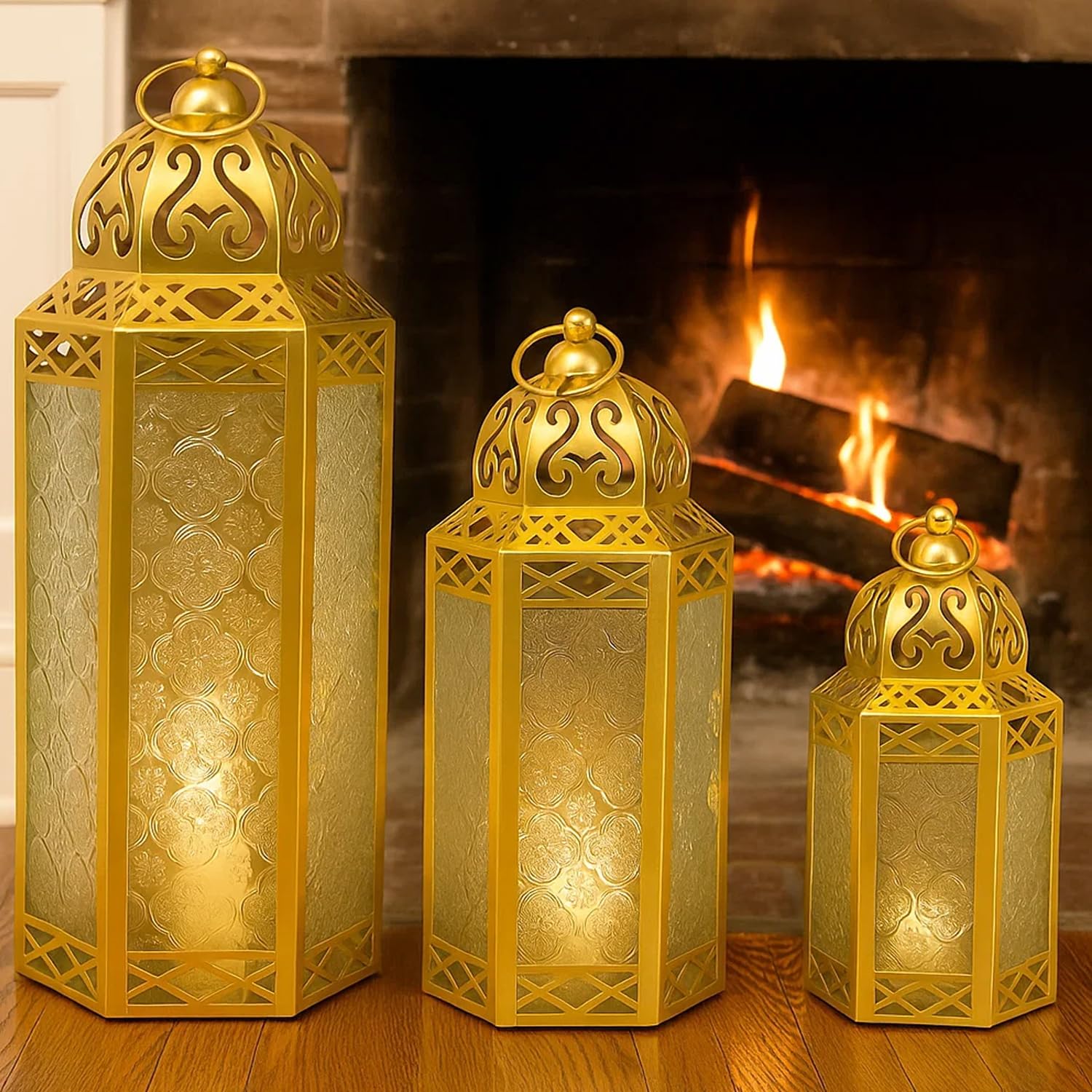 VELA LANTERNS Moroccan Candle Lanterns Decorative Set of 3 for Floor, Ramadan Decorations, Indoor Home Decor, Outdoor Patio or Porch, Weddings, Gold