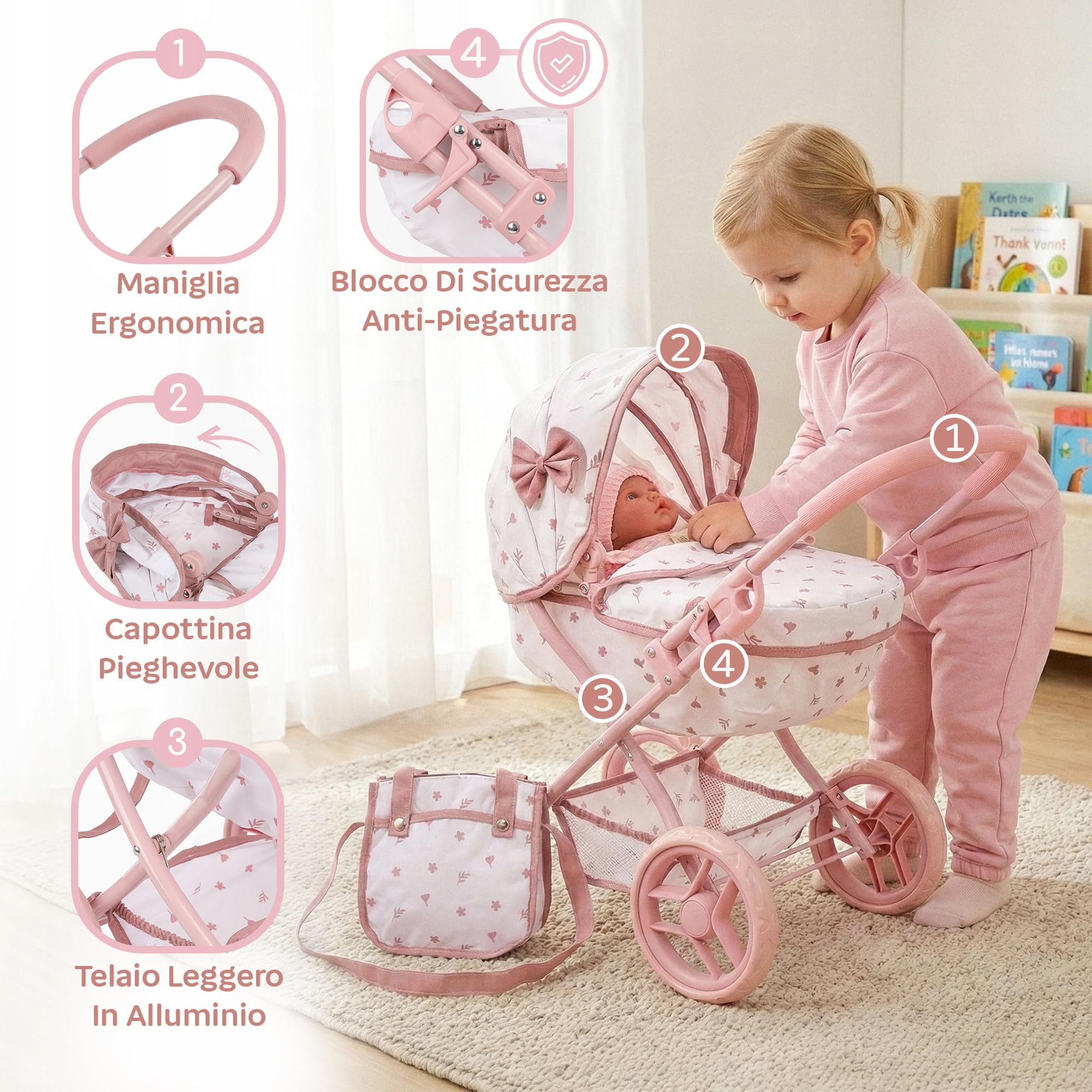 Carrozzina per bambole dai 2 anni – Passeggino per bambole pieghevole per bambini con borsa e cestino, ruote silenziose, passeggino leggero giocattolo per bambine