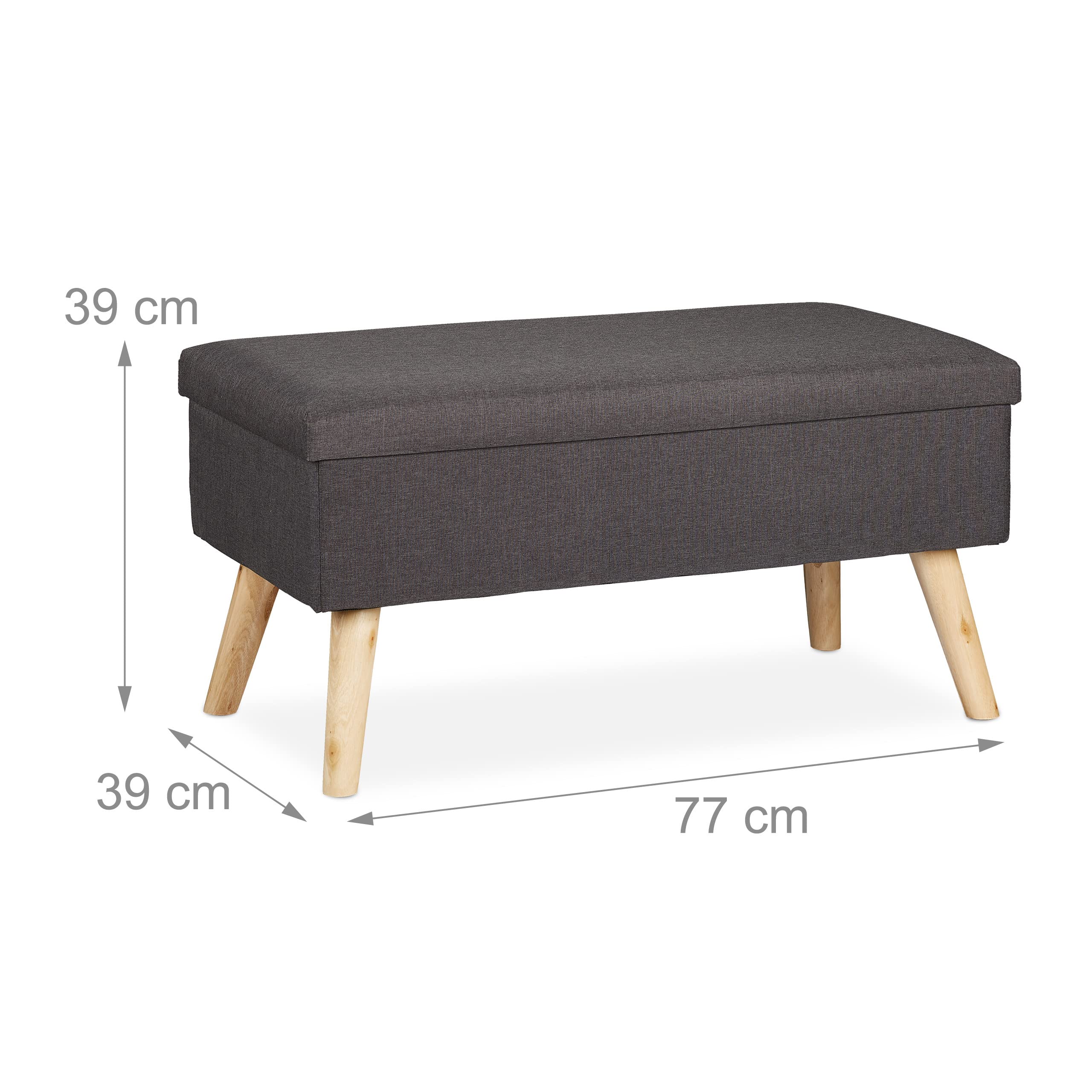 Relaxdays Panca con Contenitore, Panchetta Imbottita Moderna, Gambe in Legno, Stoffa HLP 39 x 77 x 39 cm, Grigio Scuro