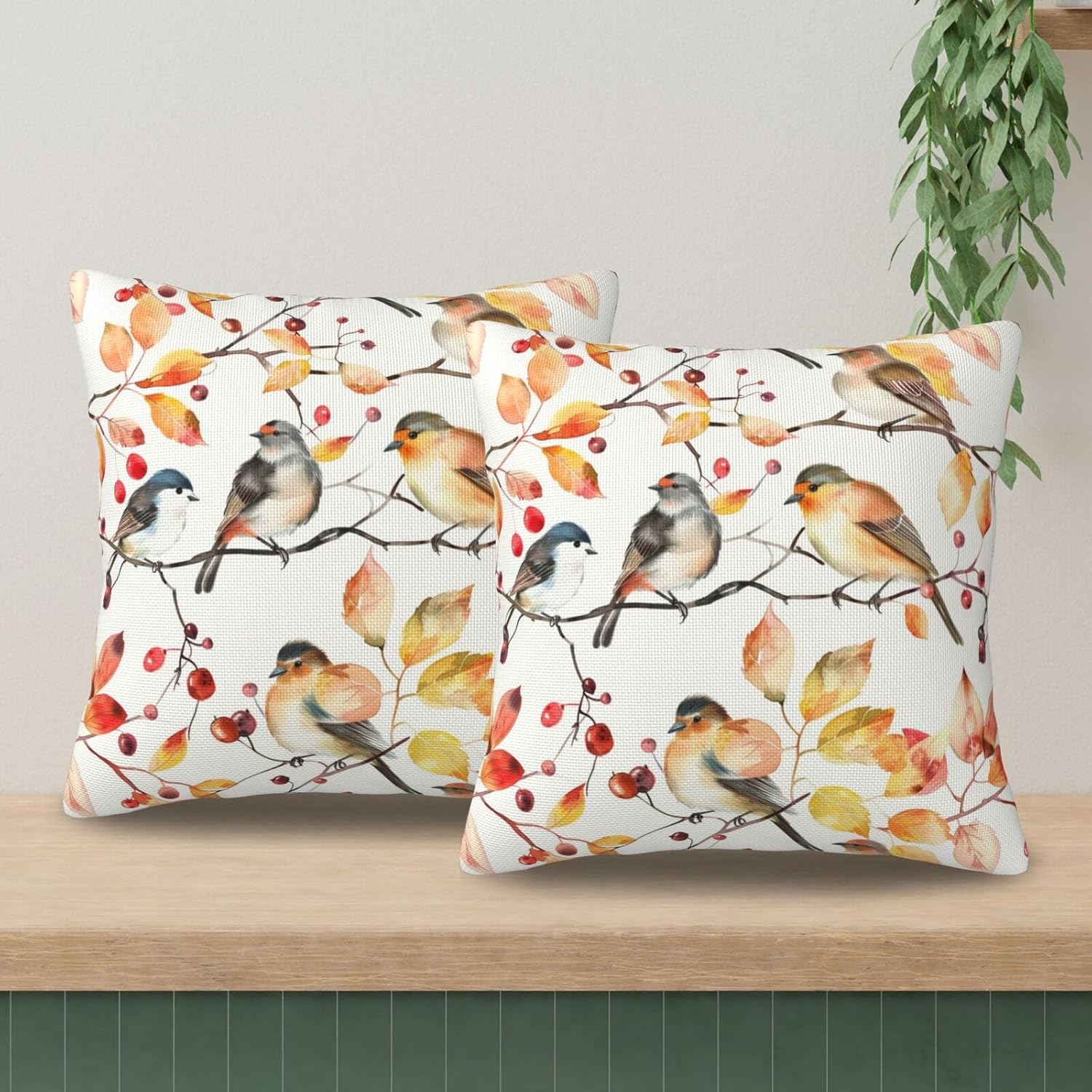 Fall Decor Pillow Covers 24x24 Inch Set of 2 Autumn Bird Branch Leaf Berries Decorative Throw Pillows Outdoor Farmhouse Cushion Covers for Sofa Bed Couch Living Room