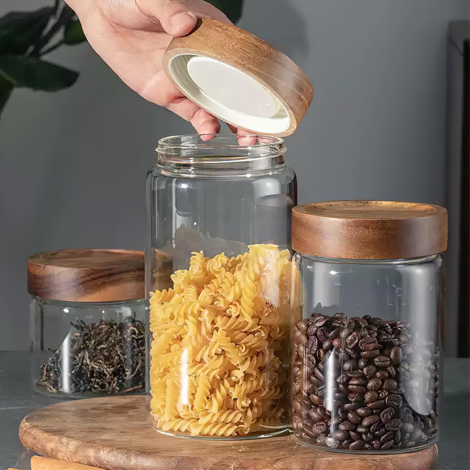 Juego de 3 tarros de almacenamiento con tapa, herméticos, 1500 ml, grandes, con tapa de madera en espiral, para cereales, té, granos de café, pasta, pasta, harina, ova overnight oat