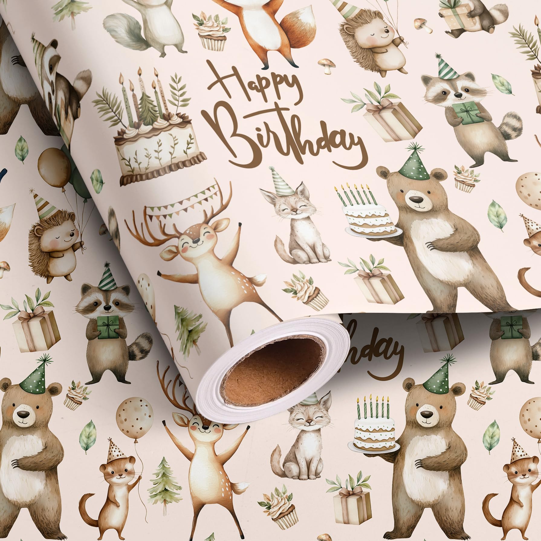 Altarho Birthday Wrapping Paper Roll - 17 Inch x 20 Feet - Birthday Safari Woodland Animals with Gift Box Cake Design Gift Wrap for Kids Boys Baby Shower Party Decoration Celebration Total 28.5sq.ft