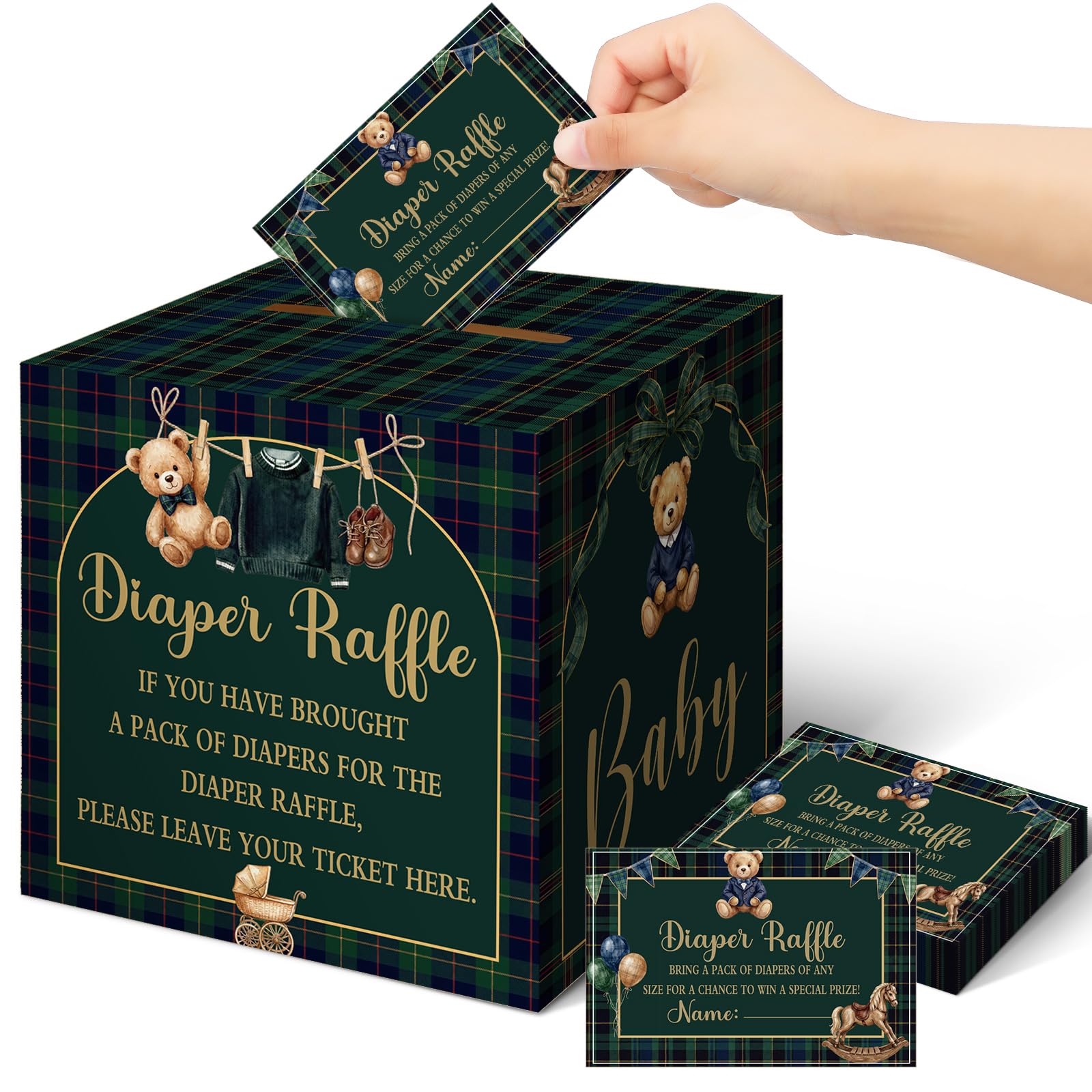 Teling 51 Pieces Diaper Raffle Tickets with Card Box,Blue Green Tartan Plaid We Can Bearly Wait Style