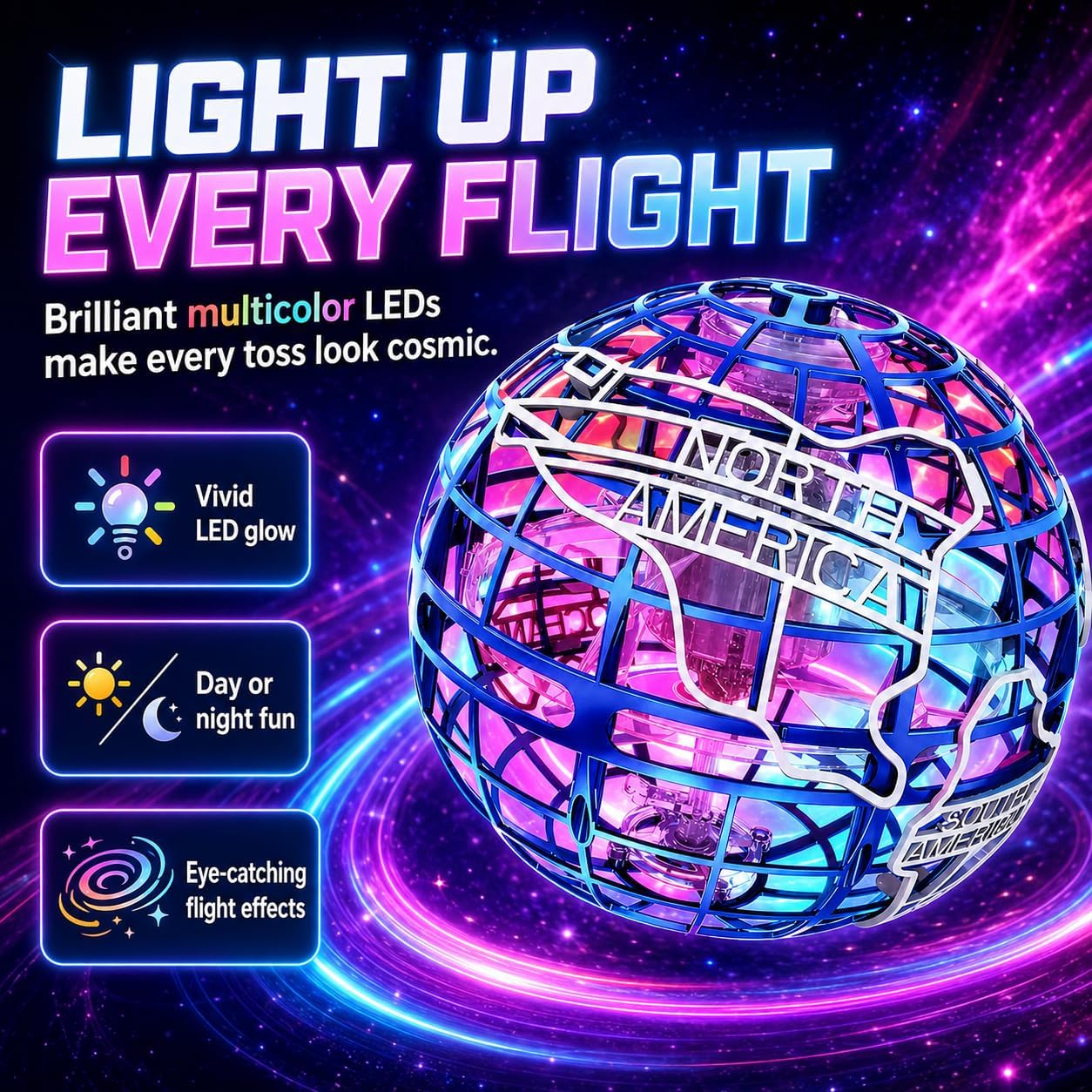 Globe Pro Flying Orb Ball – Hand Controlled Boomerang Hover Ball with LED Lights, USB Rechargeable Mini Drone Spinner Toy, Indoor Outdoor Play, Gift for Kids 6+ Boys Girls & Adults