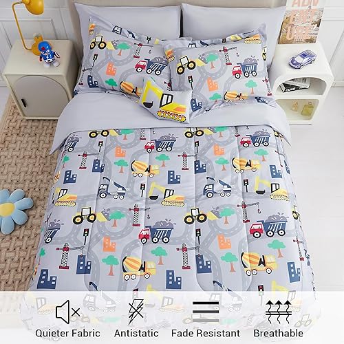 Miniatura 3 de Mooreeke Juego de edredón matrimonial para niños de 8 piezas de color gris excavadora para adolescentes, ropa de cama de microfibra suave para niños