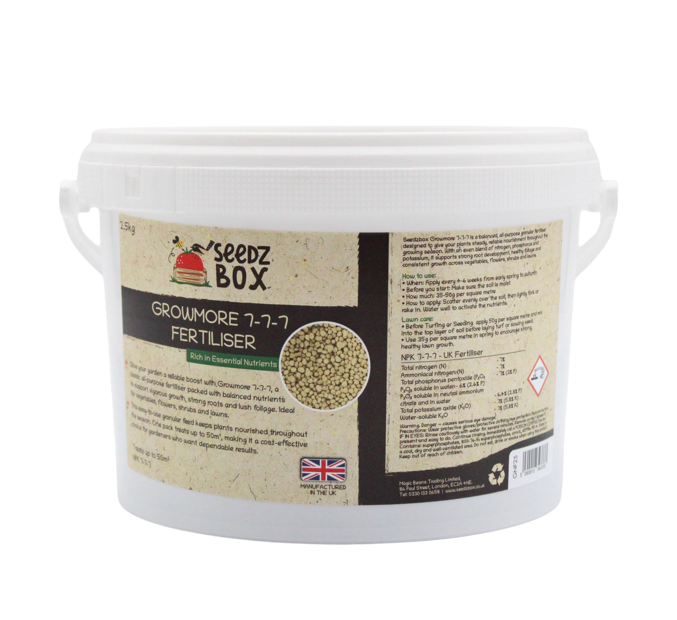 Grass Lawn & Vegetable Growmore Fertiliser 2.5kg – Treats 50m2 – 7-7-7 Nitrogen-Phosphorus-Potassium Ratio – All-Purpose Fertilizer - Easy-Use Granular Feed with Gradual Nutrient Release - Seedzbox