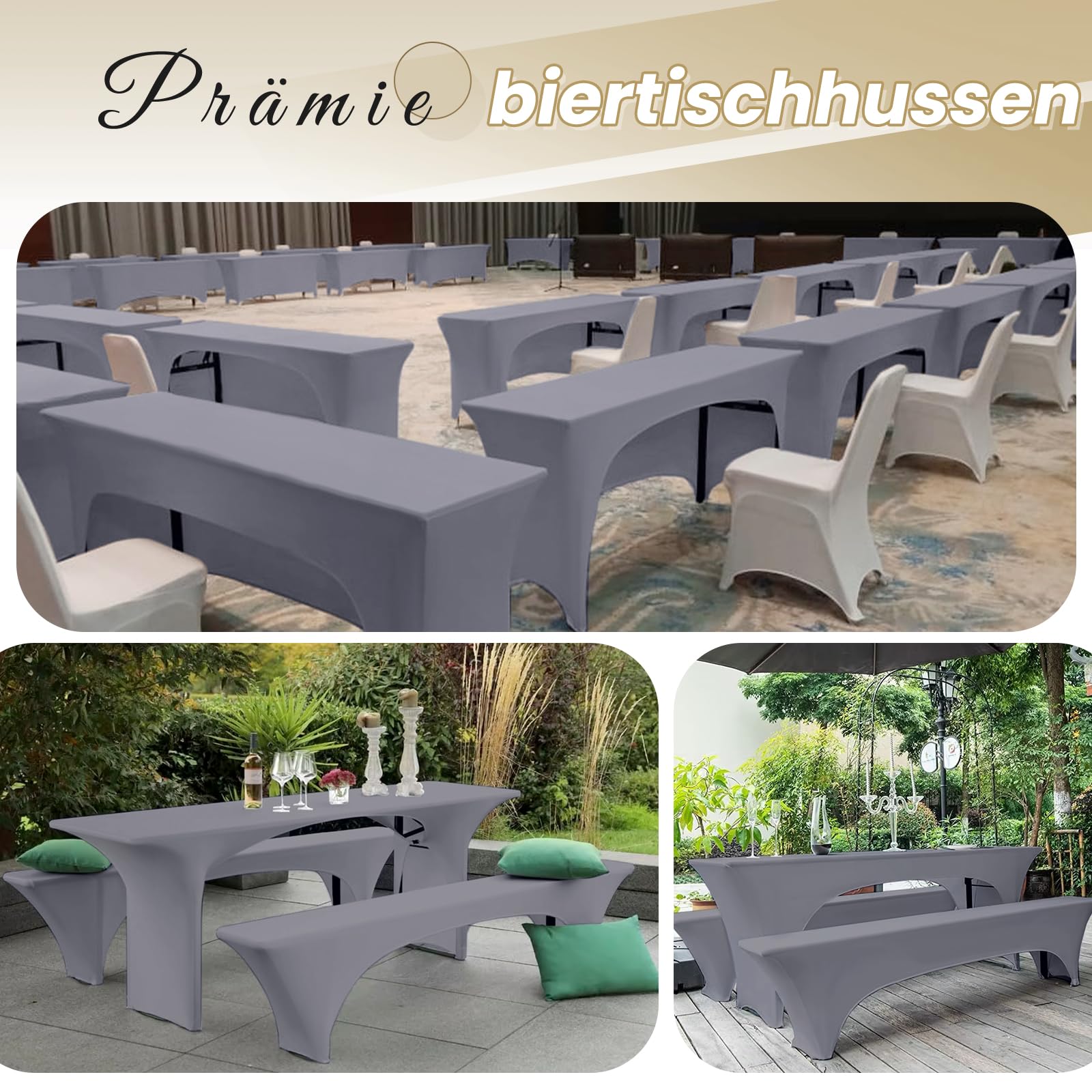 Vier 3er-Set Biertischhussen 220 x 50 x 70cm, hussen bierzeltgarnitur, hellgrau, Stretch-Bezüge für Biertisch-und Bankgarnituren, Bierbankhussen, Spandex-Bierzeltgarnitur für Bankett