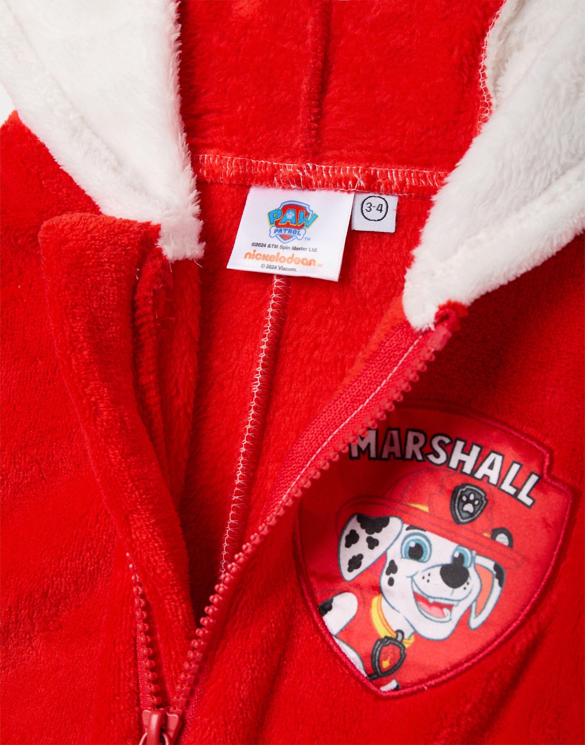 Paw Patrol Marshall Tutina per Bambini e Bambine | Pigiama Tutto-in-Uno per Bambini in Bianco e Rosso | Tuta da Notte Unisex con Cappuccio Ricamato e Orecchie 3D