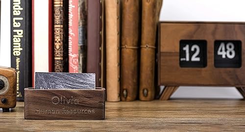 Miniatura 8 de WOODme Tarjetero de madera personalizado personalizado para tarjetas de visita de escritorio, nombre de empresa, soporte de tarjeta ovalado para