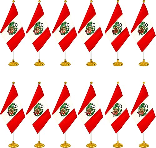 WXTWK Paquete de 12 banderas de escritorio peruanas pequeñas mini banderas de mesa peruanas con base de soporte, decoración de celebración para