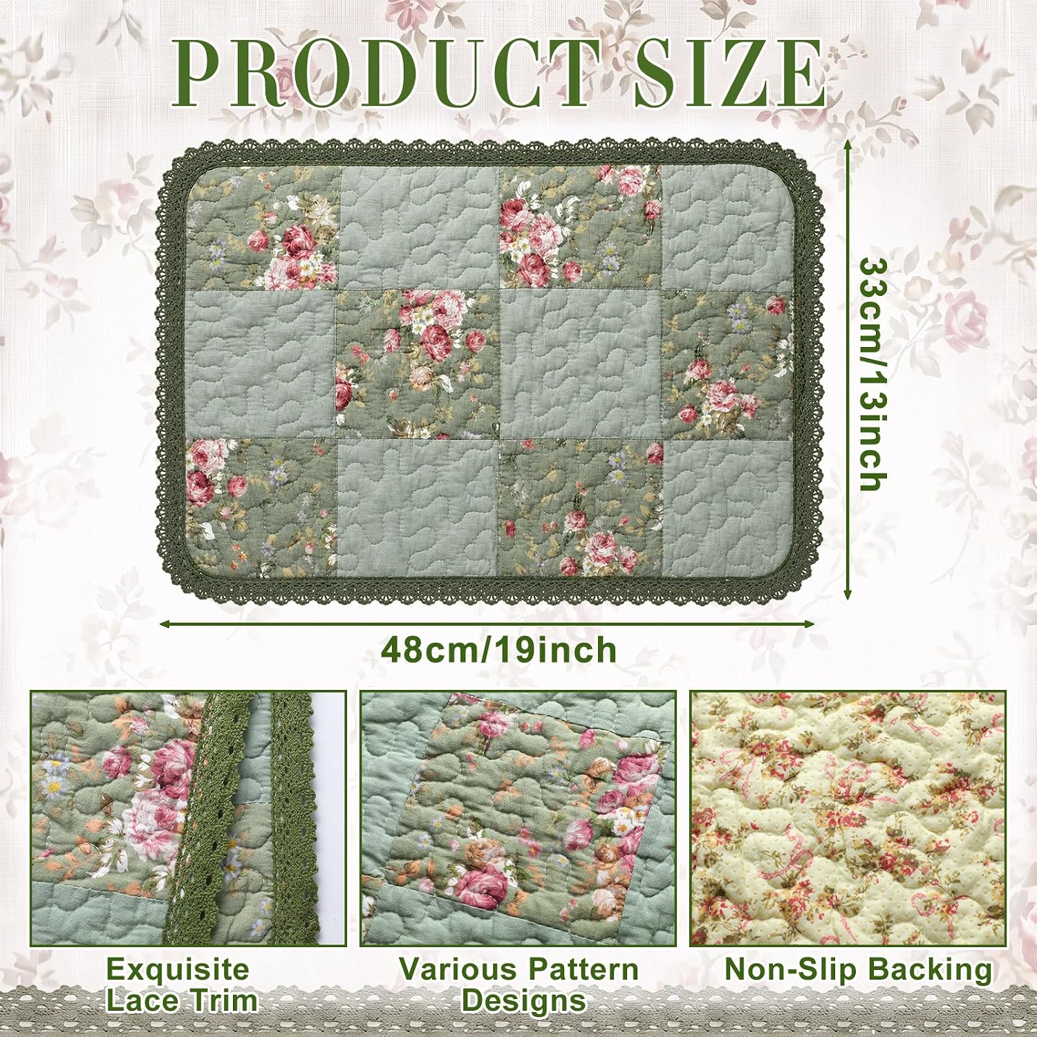 Patchwork Patchwork Quilted Cloth Placemat Set of 4, 13 x 19 Inches | Vintage Floral Placemat with Lace Crochet Cotton Washable Table Mat for Fall Retro Rustic Kitchen Dining Table Decor (Green)