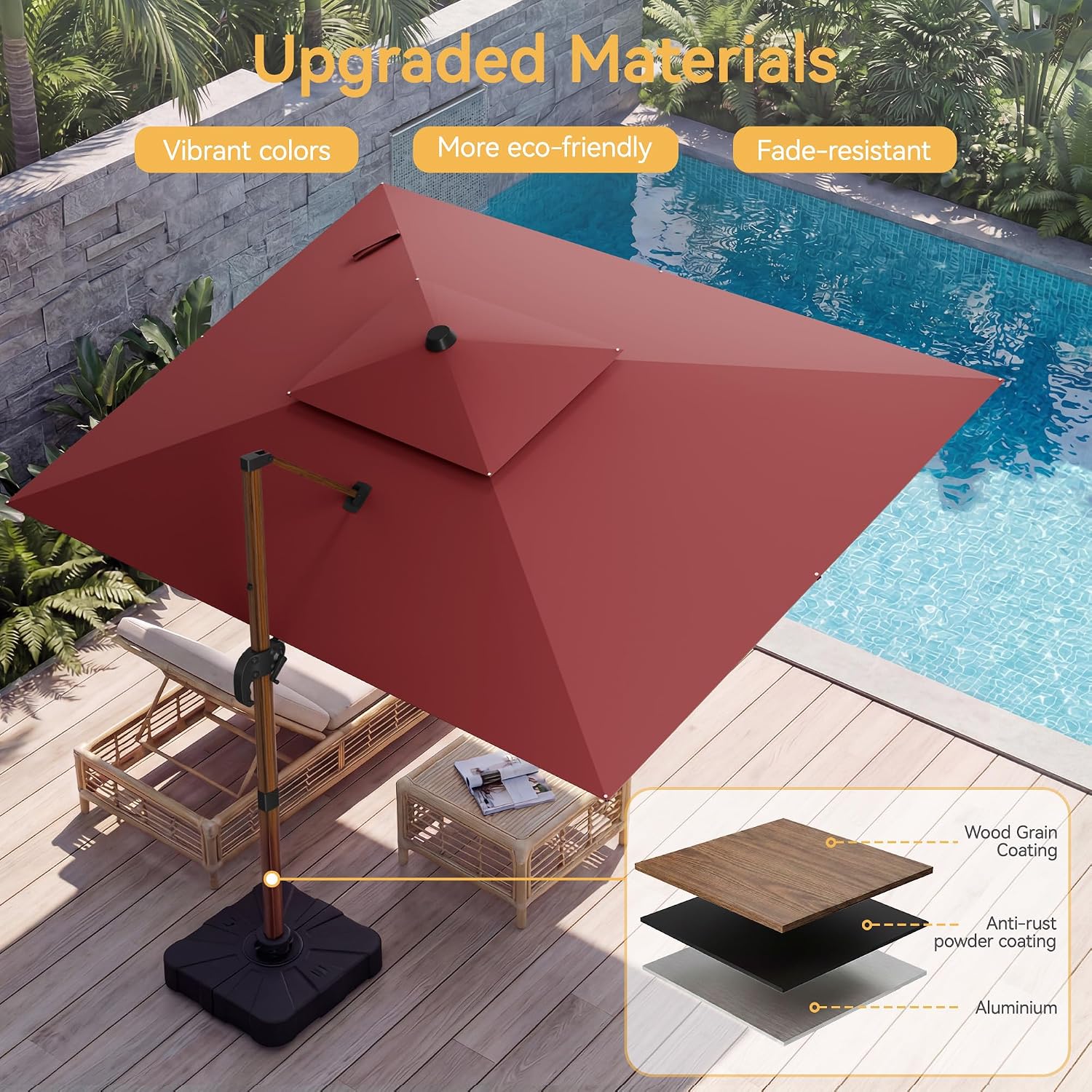 10x13 FT Wood Pattern Patio Umbrella, Large Deluxe Cantilever Rectangular Double Top Heavy Duty Offset Umbrellas with 360° Rotation, Outdoor shade for Garden Deck Pool Patio, Red