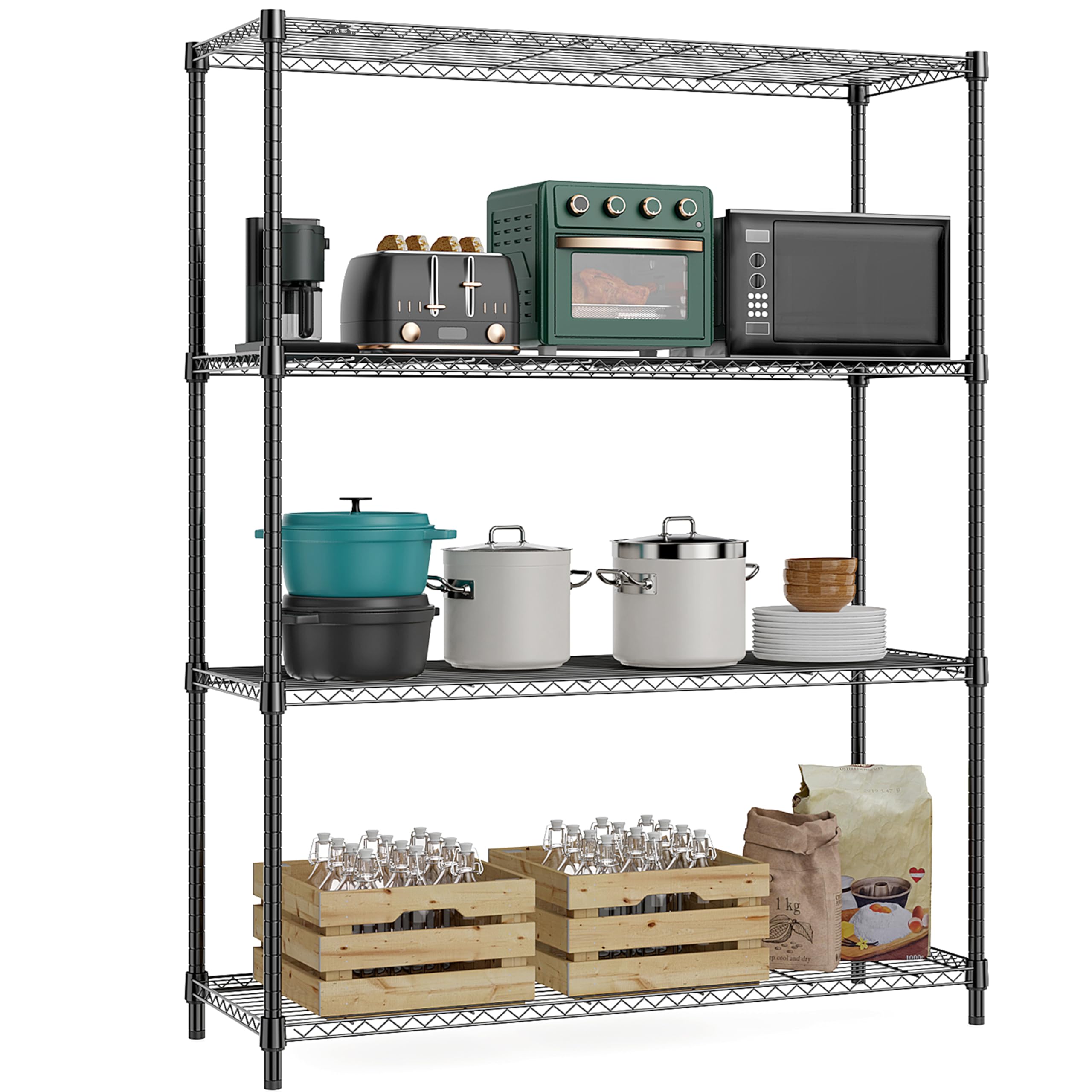 1400 lbs 4 Tier Storage Rack Metal Wire Shelving Unit, Storage Standing Household Shelf Organizer for Kitchen Pantry Closet Garage Basement Utility Room, Black 15.8" D x 45.3" W x 59.4" H