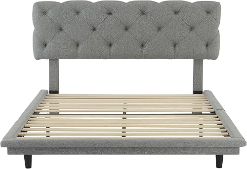 Miniatura 72 de Base de cama flotante tamaño Queen con luces LED y carga USB, marco de cama LED de plataforma tapizada moderna, no necesita somier (blanco-1)