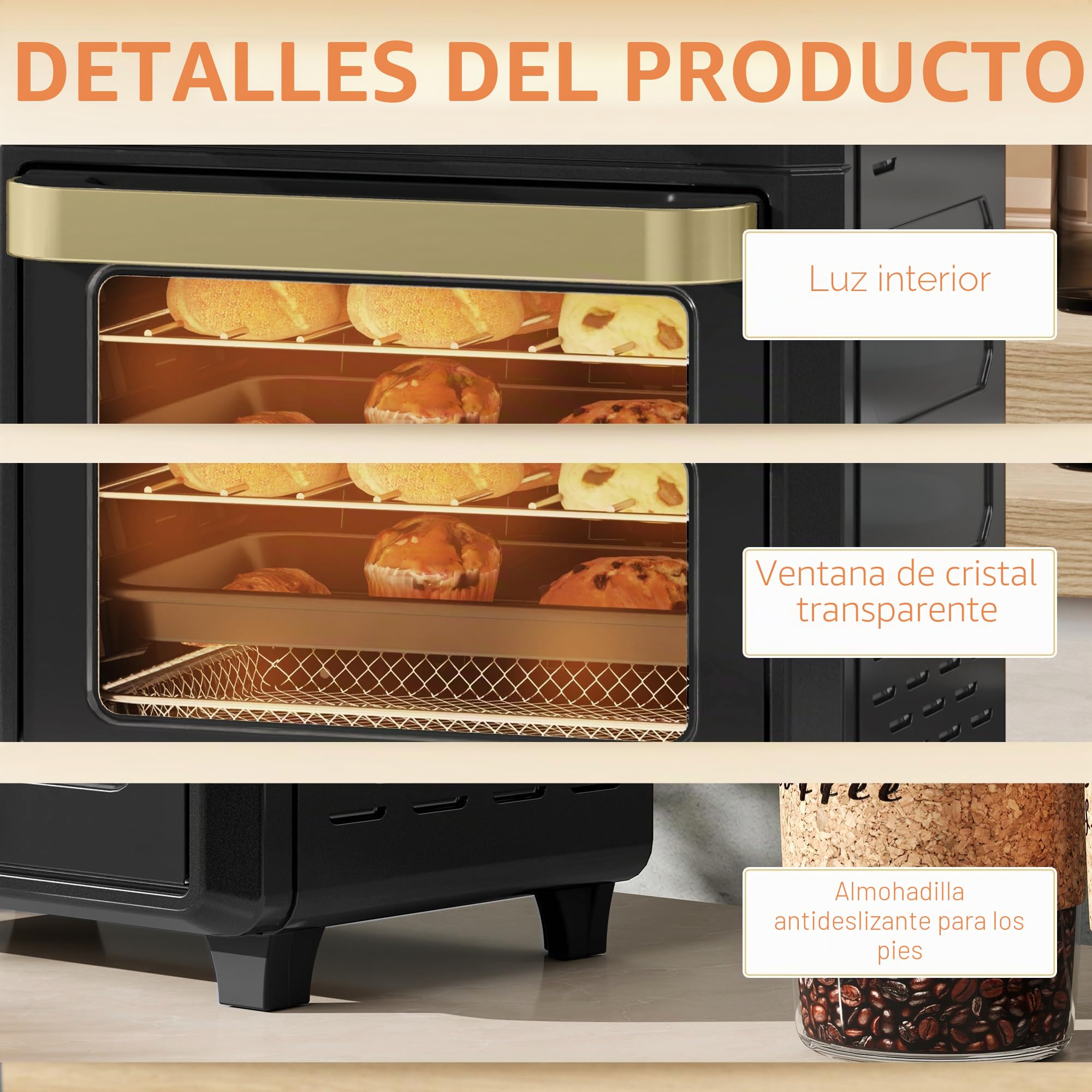 HOMCOM Mini horno con convección, freidora de aire caliente de 10L, Horno pequeño con temporizador de 60 minutos e iluminación interior, 80-230℃, 3 estantes, Accesorios aptos para lavavajillas,
