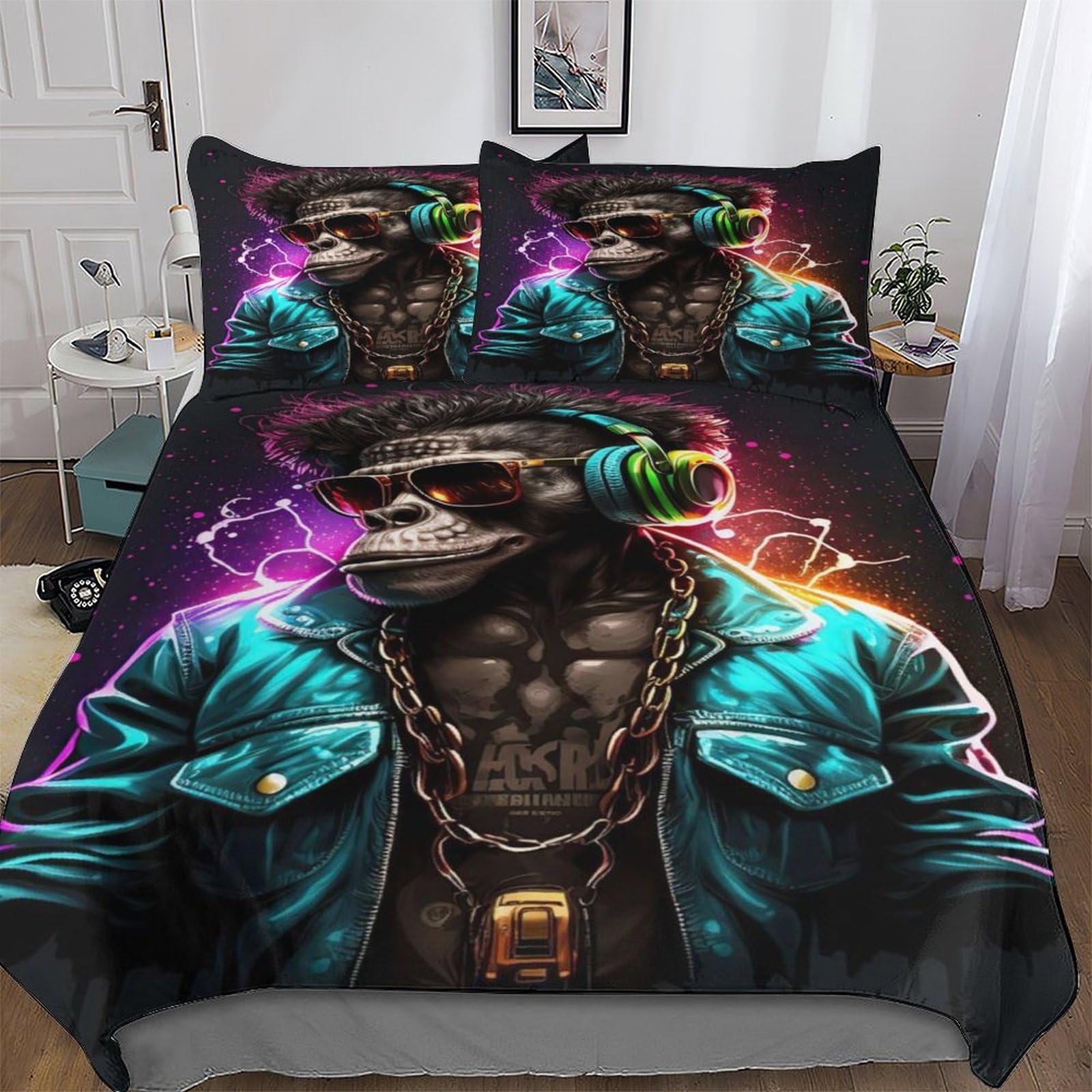 Parure de lit imprimée singe DJ en microrifbre douce pour un sommeil confortable et réparateur