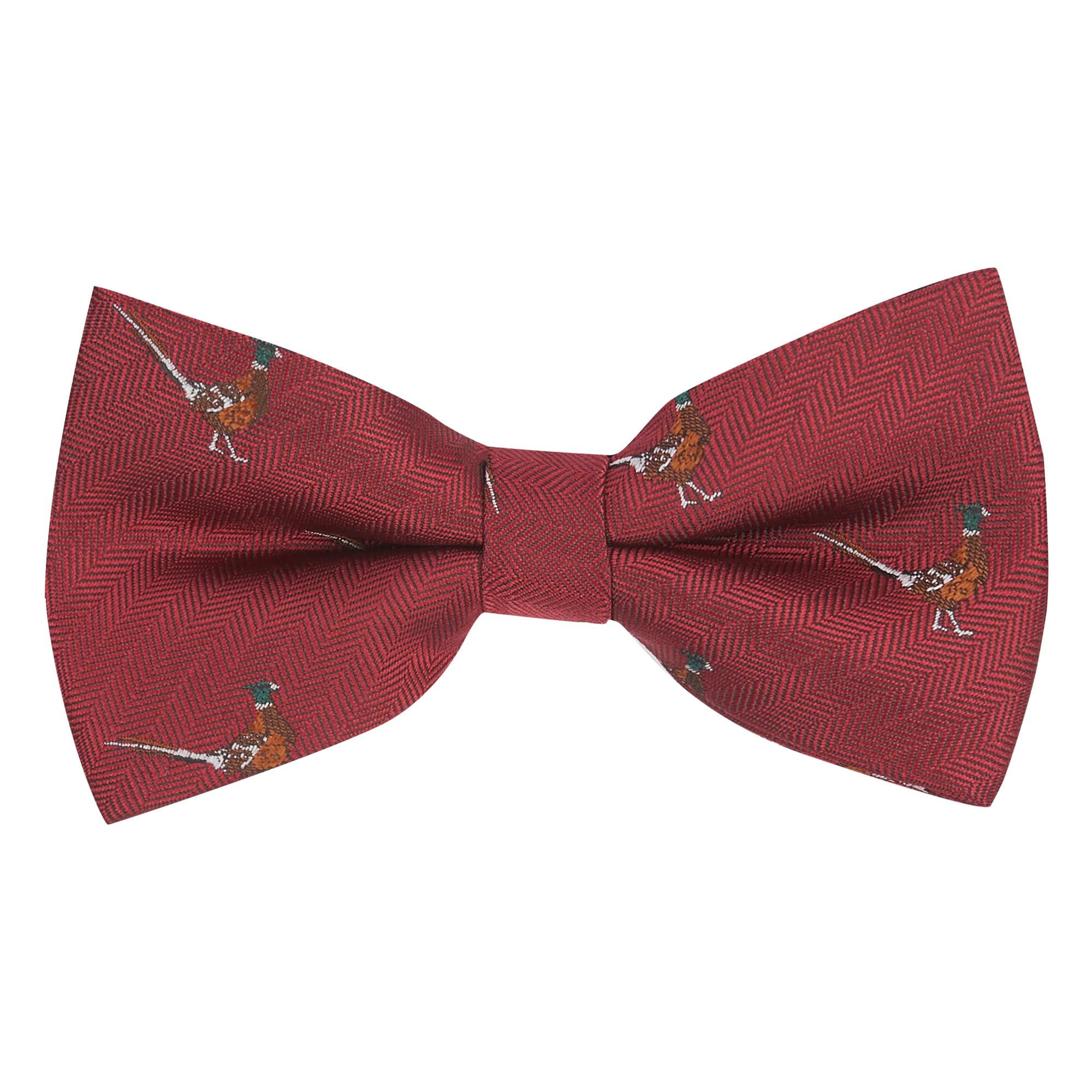 King & Priory Burgundy Red Herringbone Embroidered Pheasant Bow Tie