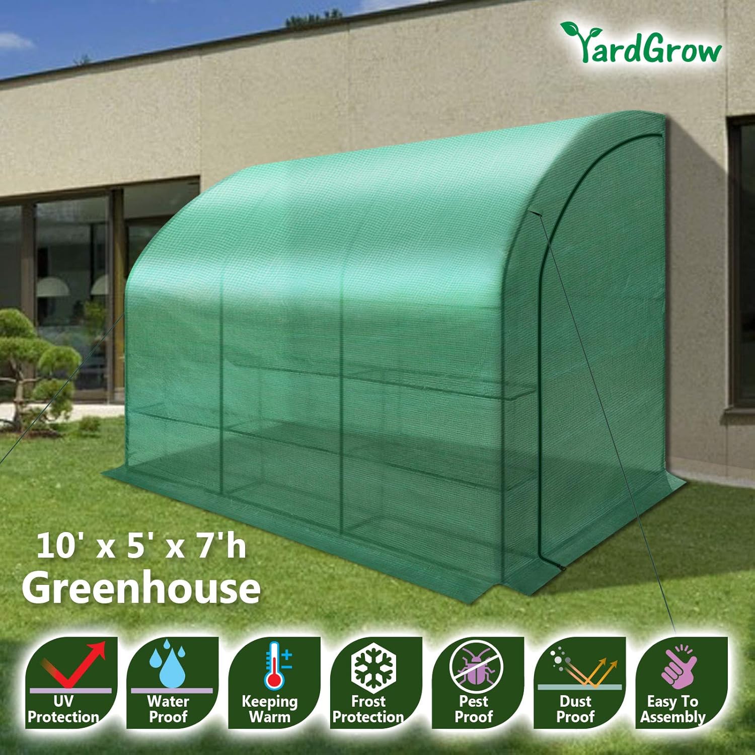 YardGrow Outdoor 10x5x7'H Lean to Walk-in Wall Greenhouse Portable Waterproof Hot House w 3 Tiers/6 Shelves Gardening (Green, 1 Door)