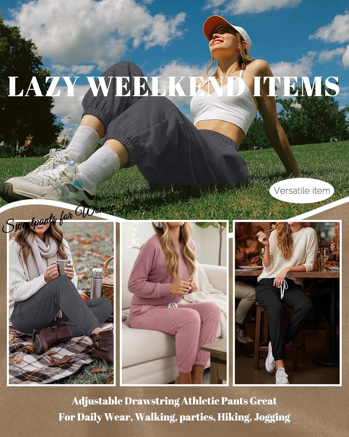 3 Pack Womens Sweatpants Lightweight Joggers Lounge Pants Casual Tapered Cuffs Elastic Drawstring with Pockets - Image 4