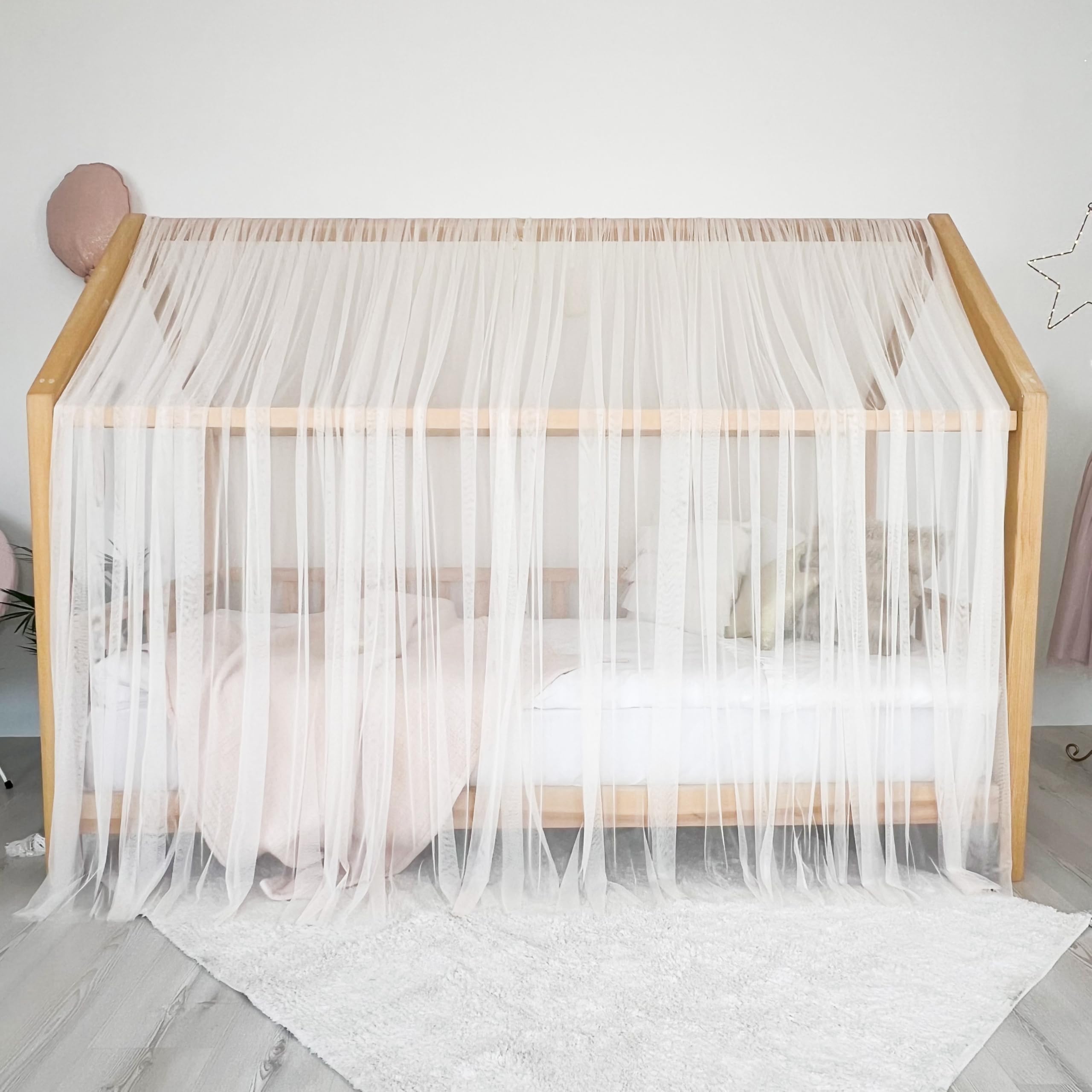 Tenda a baldacchino per letto della cameretta dei bambini, decorazione per letto montessori, tenda da gioco in morbido tulle per bambini (rosa vaniglia morbida, 380 cm, set da 4)