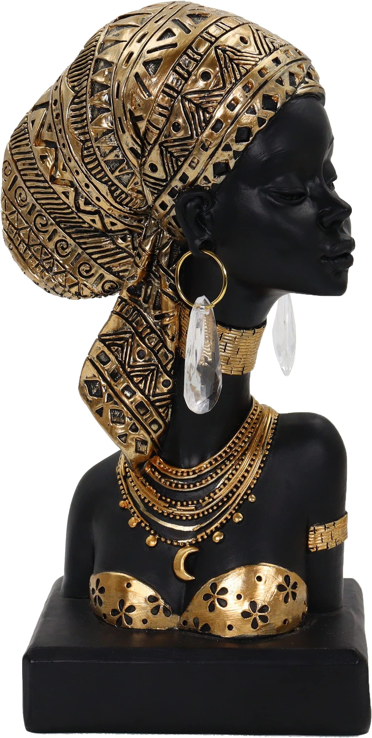 Lescafita African Lady Bust Sculpture with Golden Headwrap – Resin Figurine with Earrings and Necklace, Modern African Woman Statue for Home Decor and Cultural Gift