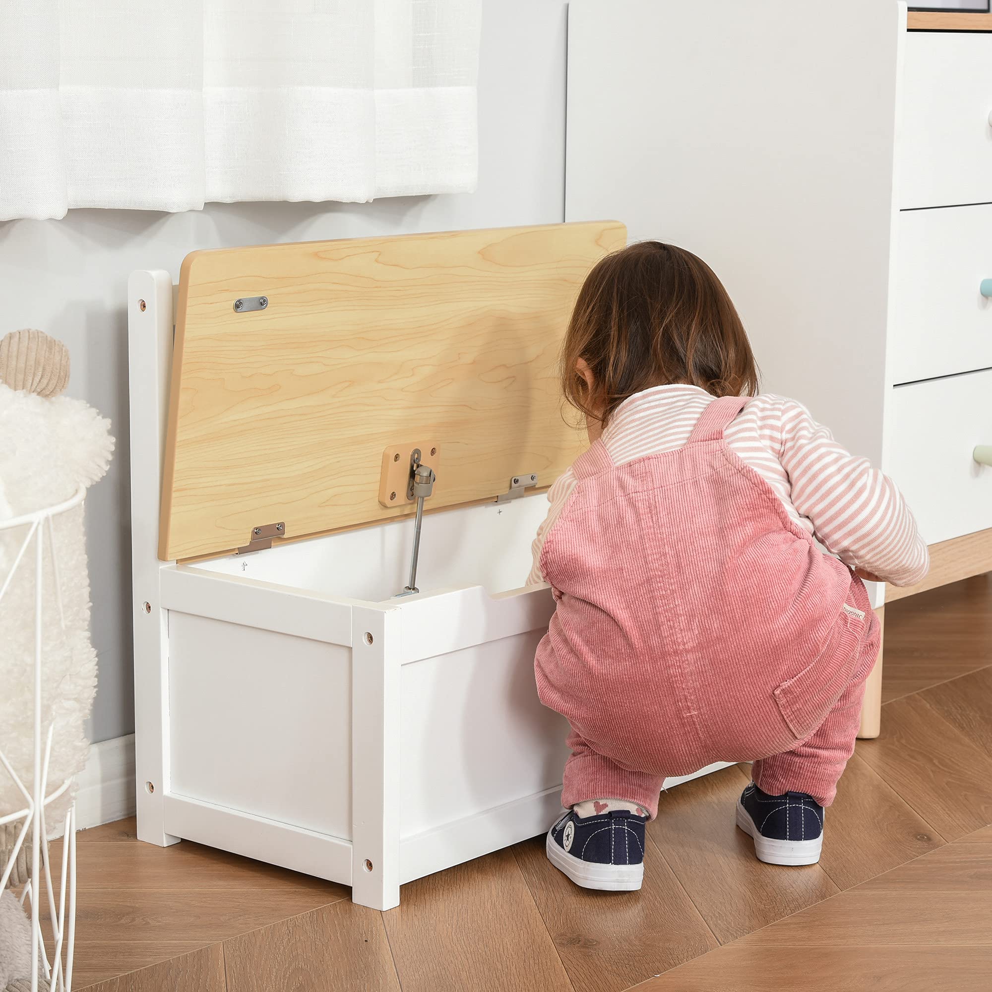 HOMCOM Baúl para Juguetes Banco Almacenaje para Niños con Respaldo y Tapa Amortiguadora Carga 40 kg para Salas de Juego Dormitorio 60x30x50 cm Blanco