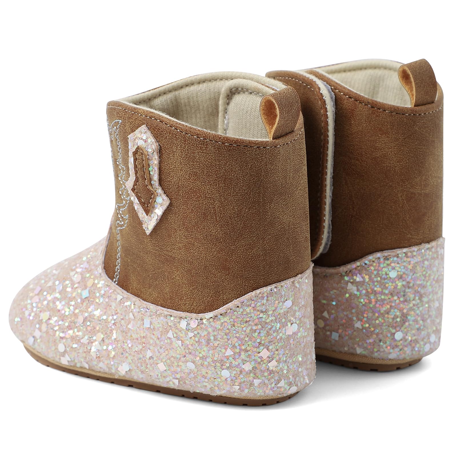 LACOFIA Buty niemowlęce dla dziewczynek, buty do nauki chodzenia, Bling Bling Bootie, kowbojki, buty westernowe z antypoślizgową miękką podeszwą, dla dzieci w wieku 3-18 miesięcy