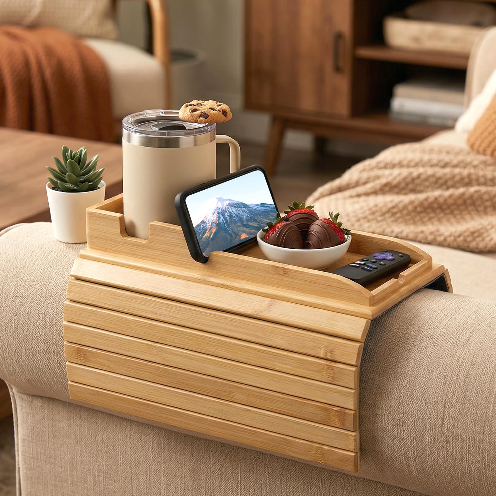 Rhaiqbvc A Natural Bamboo Sof Arm Tray, Foldable Couch Rm Tray With Couch Cup Holder & Side Pocket,Nti-Slip Sof Armchair Caddy Table For Drink Cellphone Tv Remote Snack, 41 X 34 X 11 Cm