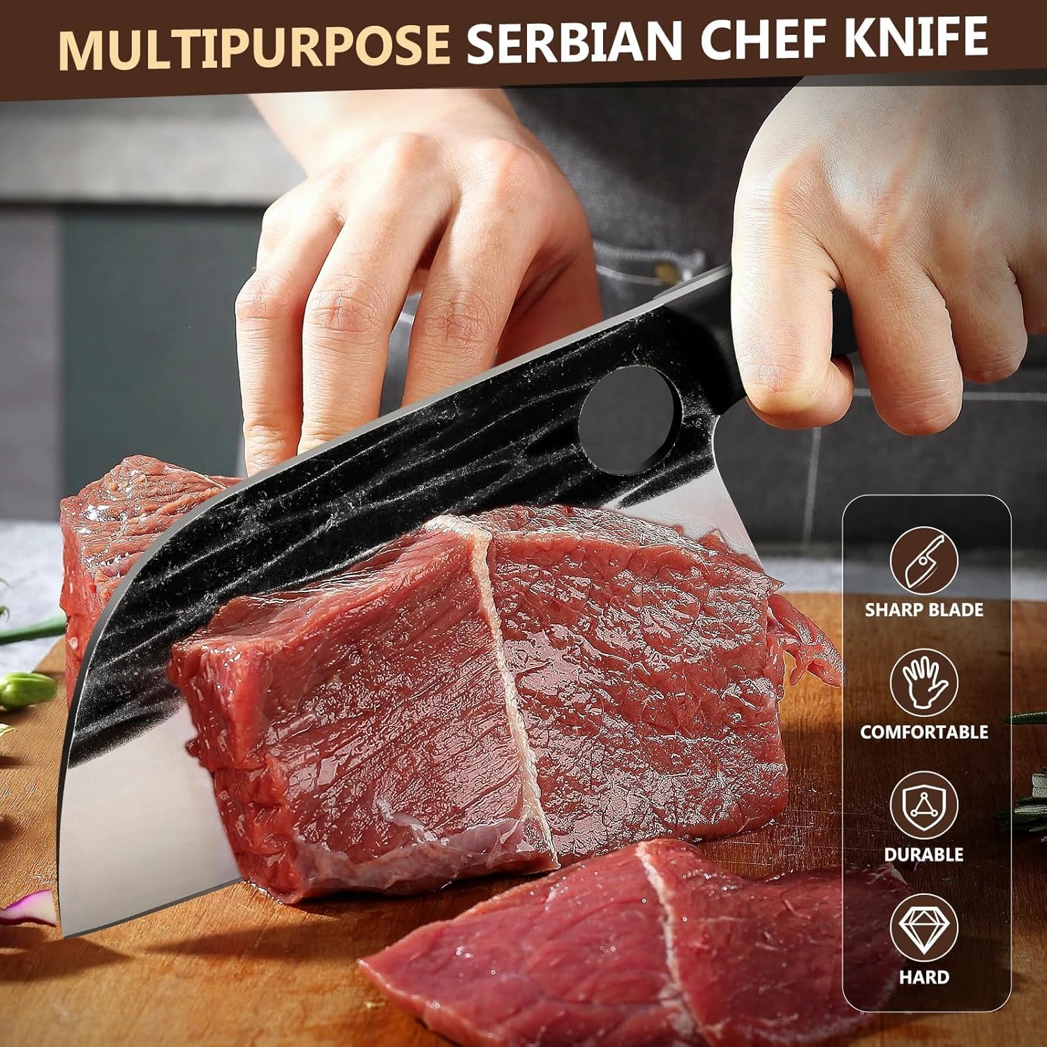 Huusk Serbian Chef Knife Hand Forged Meat Cleaver with Sheath High Carbon Steel Full Tang Knife Heavy Duty Butcher Knife for Kitchen or Camping Outdoor Christmas Gift for Men and Women - Image 2
