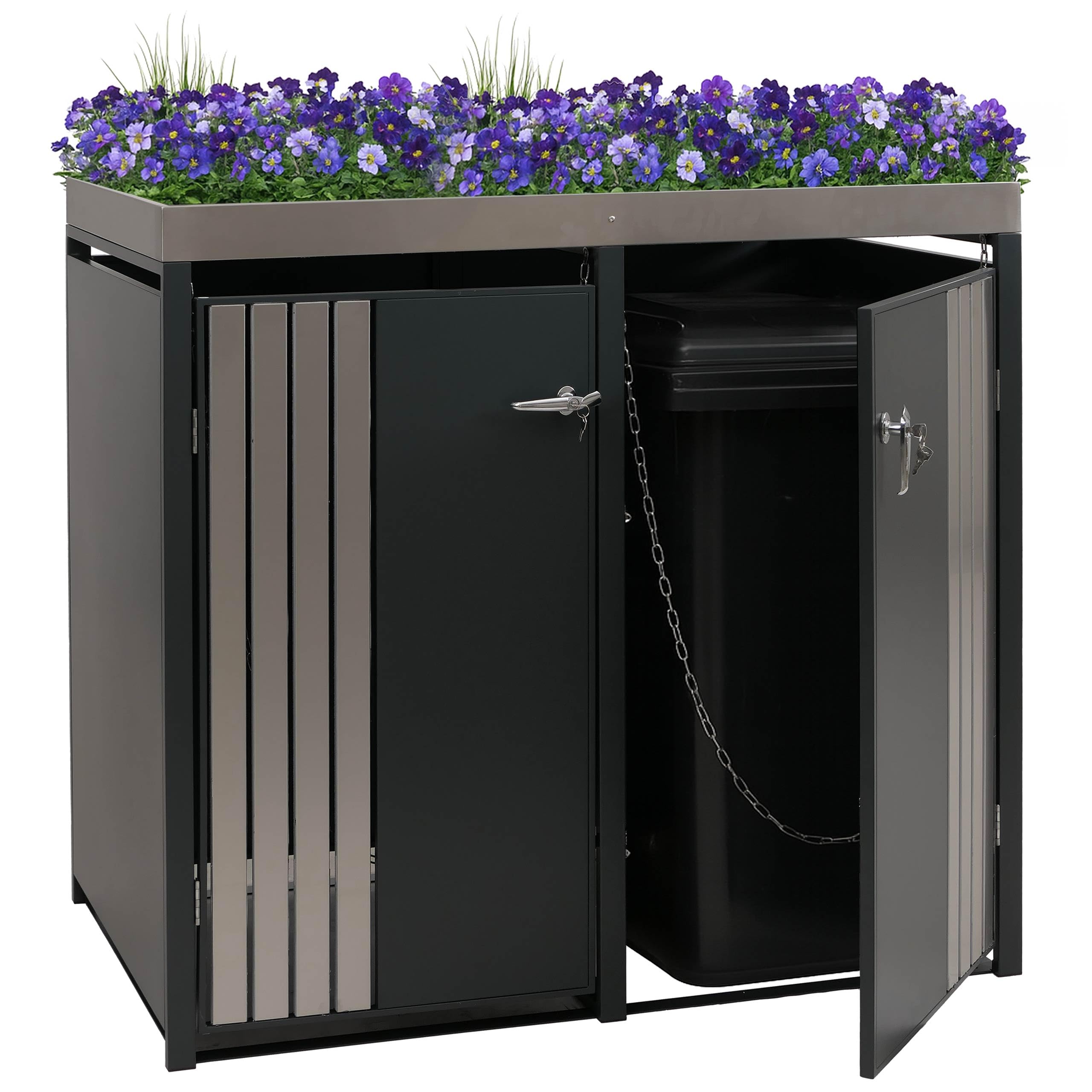 Mendler 2er-Mülltonnenverkleidung HWC-O67 - anthrazit Edelstahl | Mülltonnenbox, mit Pflanzkasten, Metall, 125x132x84cm, 55kg