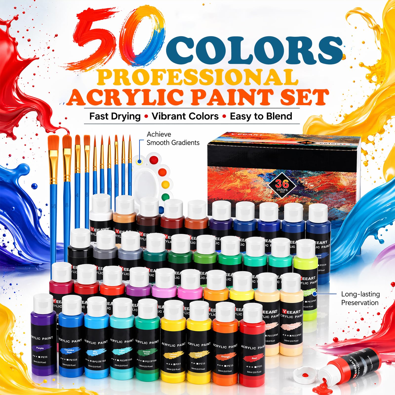 Juego de pinturas acrílicas, 50 colores × 60 ml, juego de pinturas acrílicas para adultos, 10 pinceles, no tóxico, resistente al agua, pigmentos ricos para adultos sobre piedras, lienzo, madera