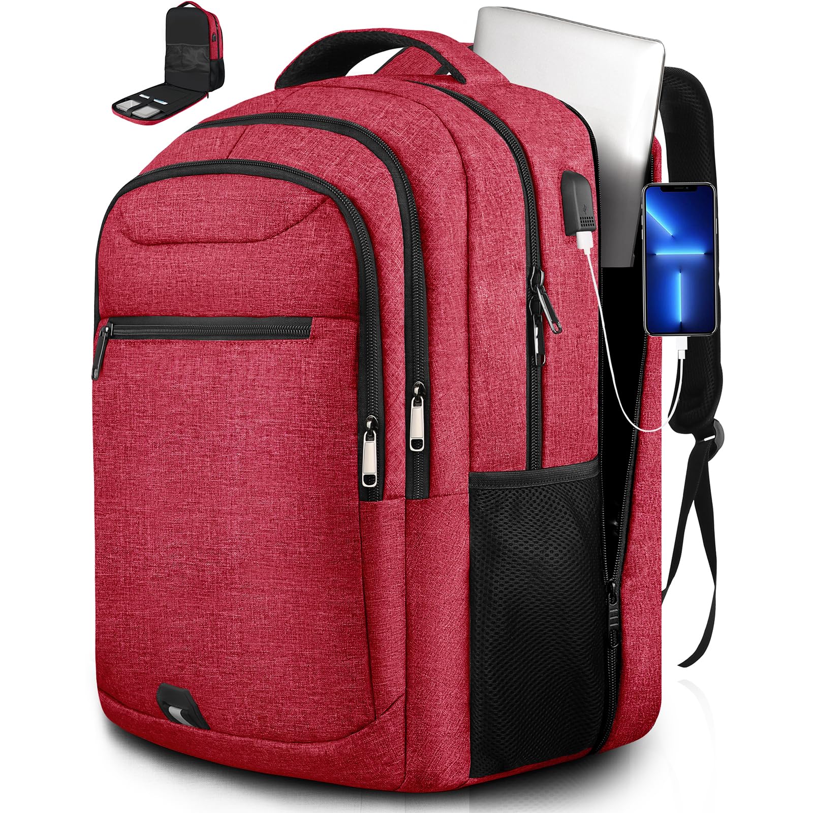 Z-MGKISSBig Travel Backpack, Large Laptop Backpack, TSA Approved Bag 42L, Anti-Theft Water Resistant Computer Daypack 17.3 Inch with USB Port, Business College Teacher Weekender Back Pack for Men Women, Red