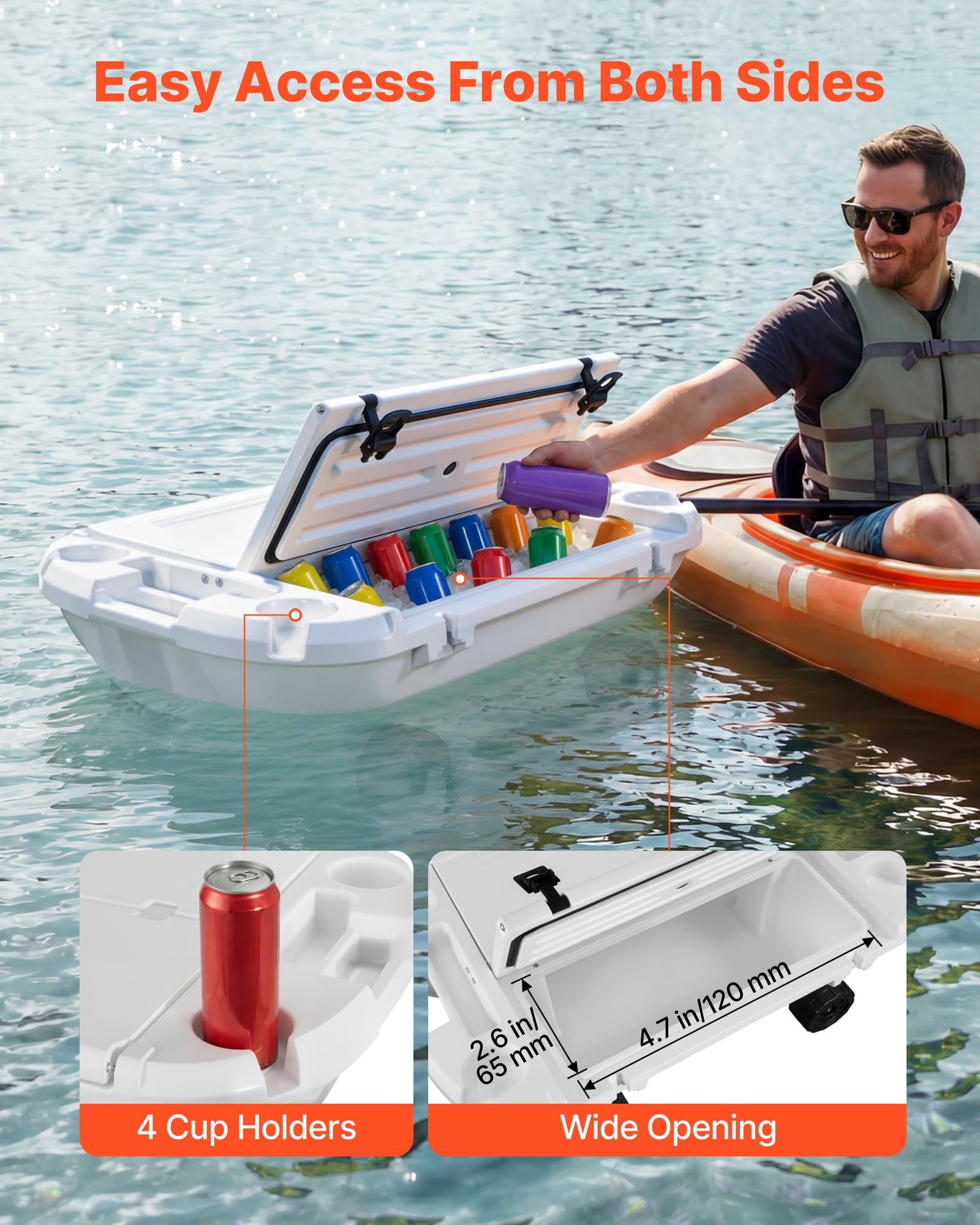 VEVOR Nevera Flotante 37,9 L Enfriador Flotante para Agua y Tierra con Carcasa Rígida Aislada, Ruedas, Portavasos, Cuerda de Remolque, Asas Laterales para Playa Piscina Barco Bebida Hielo Color Blanco
