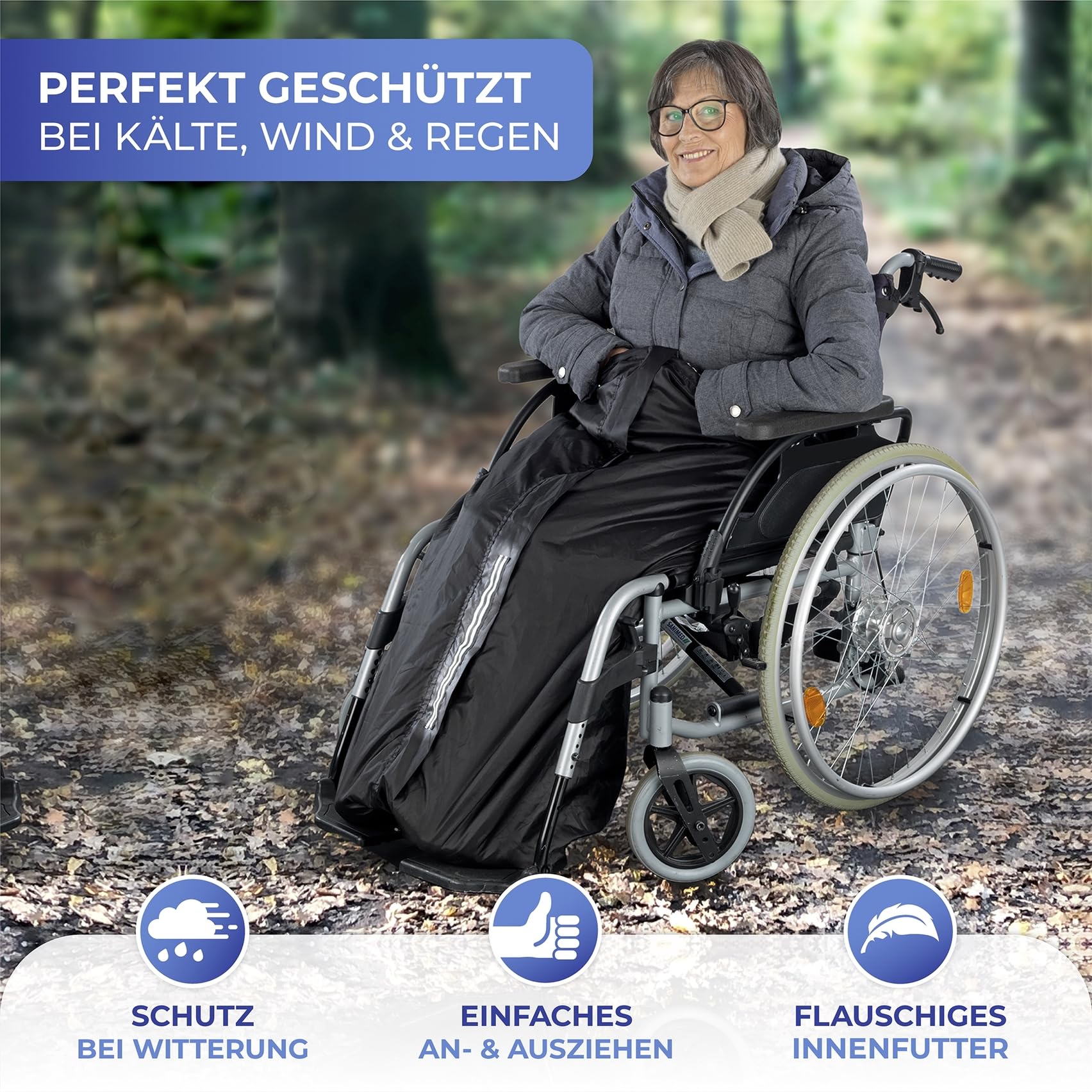 Maximex Bolsa térmica para silla de ruedas, resistente al agua y al viento, protección contra el frío, la humedad y la suciedad, poliéster, 130 cm de largo