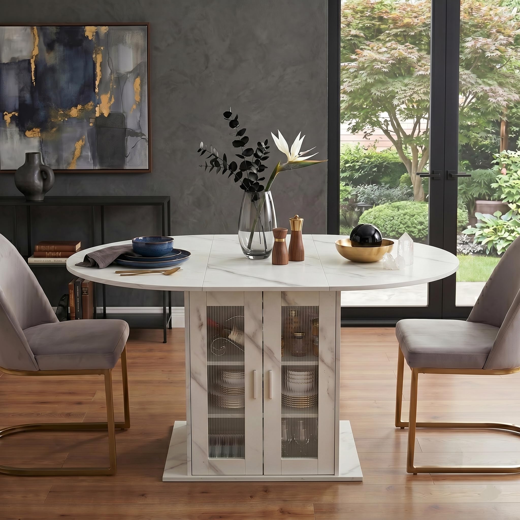 1 mesa de comedor extensible con almacenamiento para frigorífico, mesa de comedor redonda y ovalada para 4 – 6 personas, estable y ahorra espacio, para cocina, comedor y sala de estar (blanco, 100-140