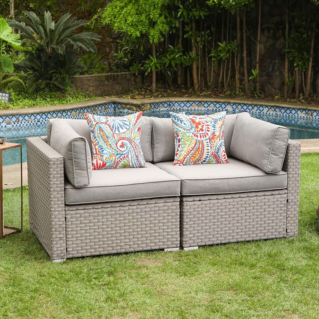 COSIEST 2-Piece Outdoor Furniture Loveseat Wicker Sectional Sofa Set w Warm Gray Thick Cushions, 2 Floral Fantasy Pillows for Garden, Pool, Backyard