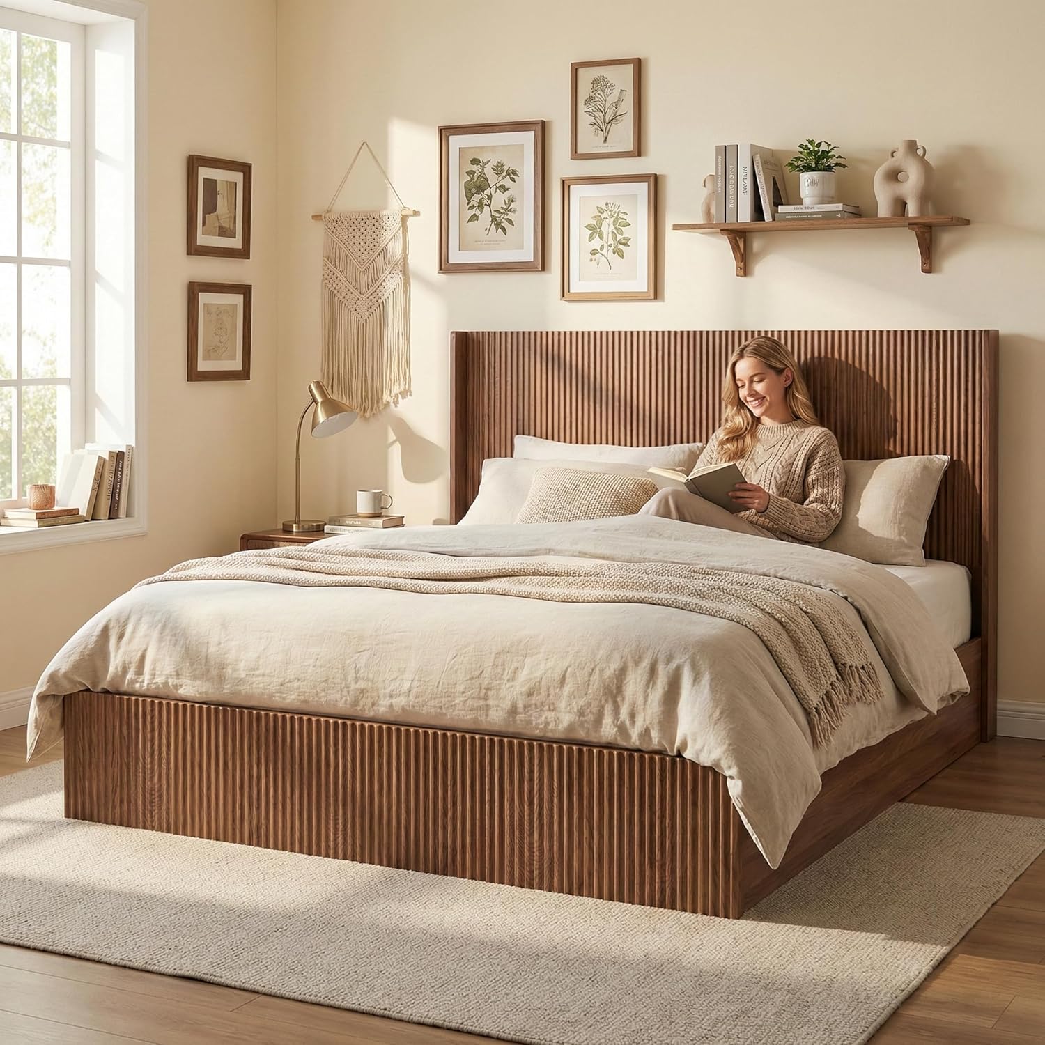 Lift Up Storage Bed King, Mid Century Hydraulic Lift King Storage Bed with Raised Wingback Headboard, Space Saving Storage, Heavy Duty Steel & Wood Slats,No Box Spring Needed,Natural