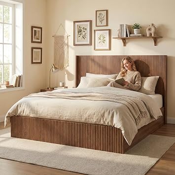 Lift Up Storage Bed King, Mid Century Hydraulic Lift King Storage Bed with Raised Wingback Headboard, Space Saving Storage, Heavy Duty Steel & Wood Slats,No Box Spring Needed,Natural