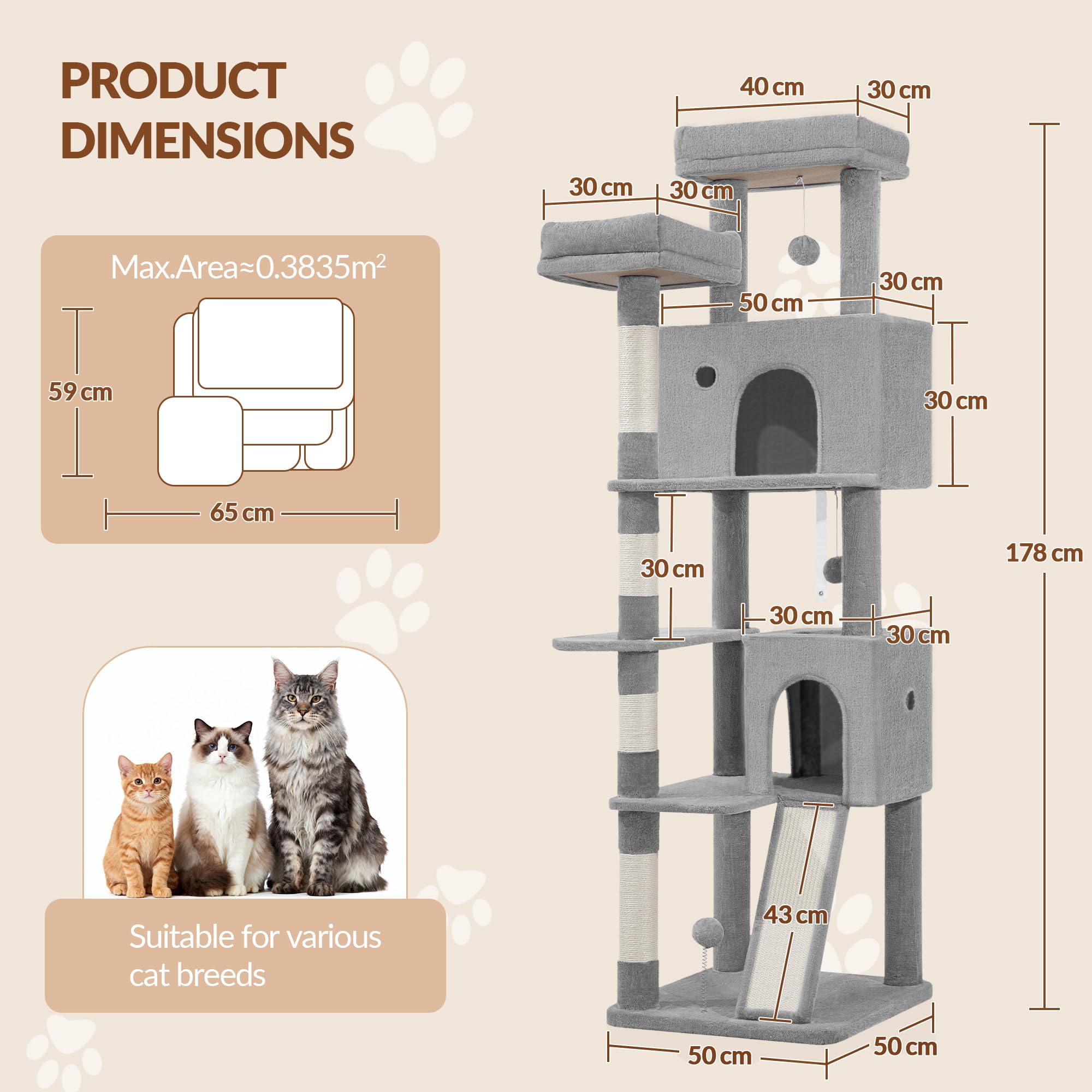 Albero Tiragraffi per Gatti 178 cm Torre per Gatti, Grigio Chiaro | Pali in Sisal, Tavola Tiragraffi, 2 Comodi Condomini, 2 Trespoli, Pompon, Zona Relax FPMS005FG1