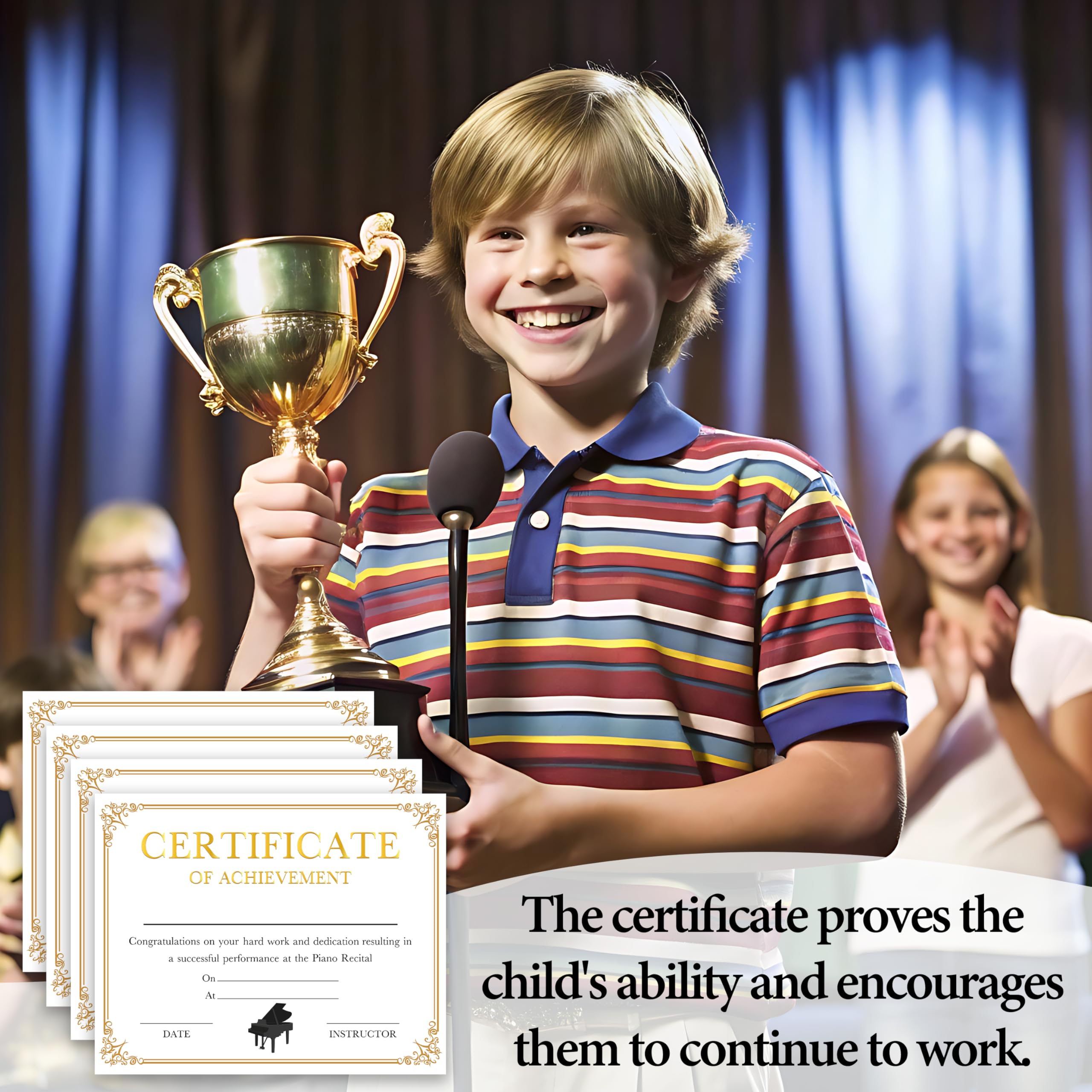 Certificados de premio de logros musicales, certificados de recital de piano para estudiantes, premios de reconocimiento de lecciones de música, suministros de aula para profesores, regalos de aliento