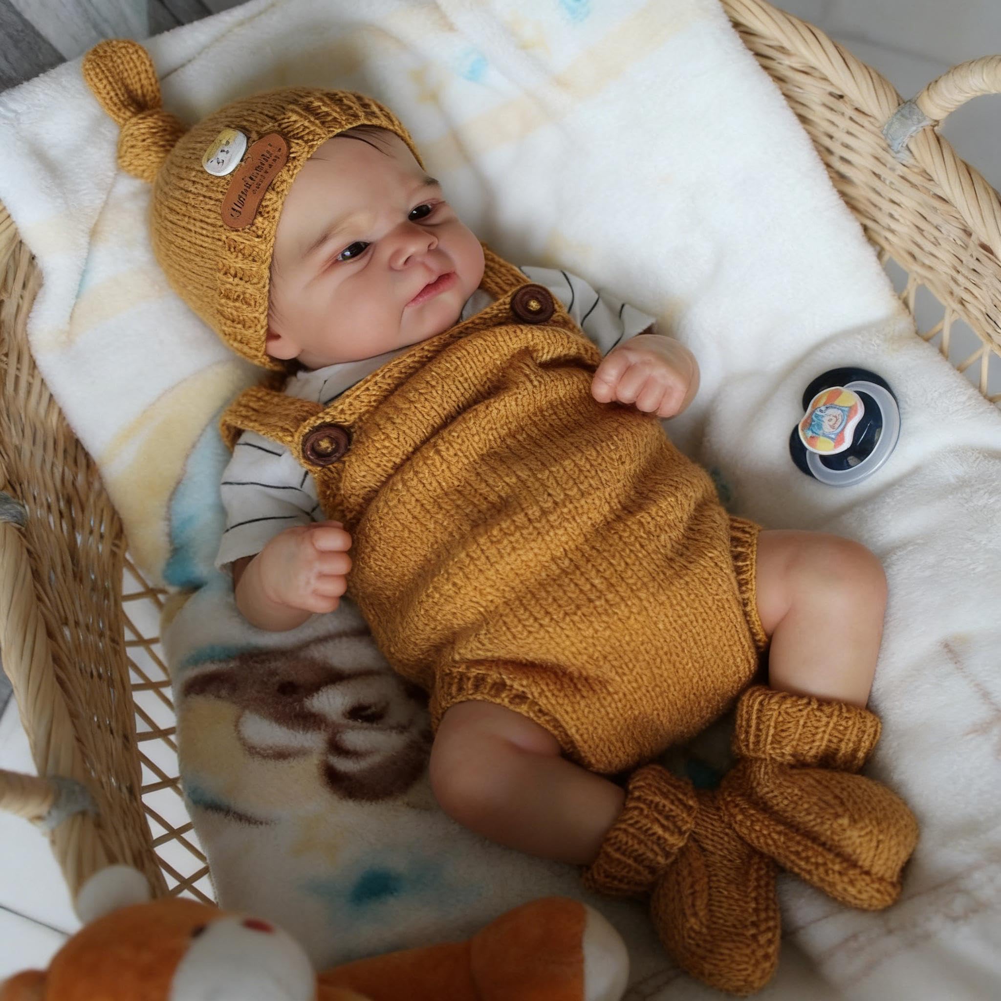 RXDOLL Reborn Baby Junge Offene Augen Vollsilikon Lebensecht, 43 cm Silikon Baby Puppe, Reborn Puppen Lebensecht, Lebensechte Babypuppen Junge Mit Zubehör