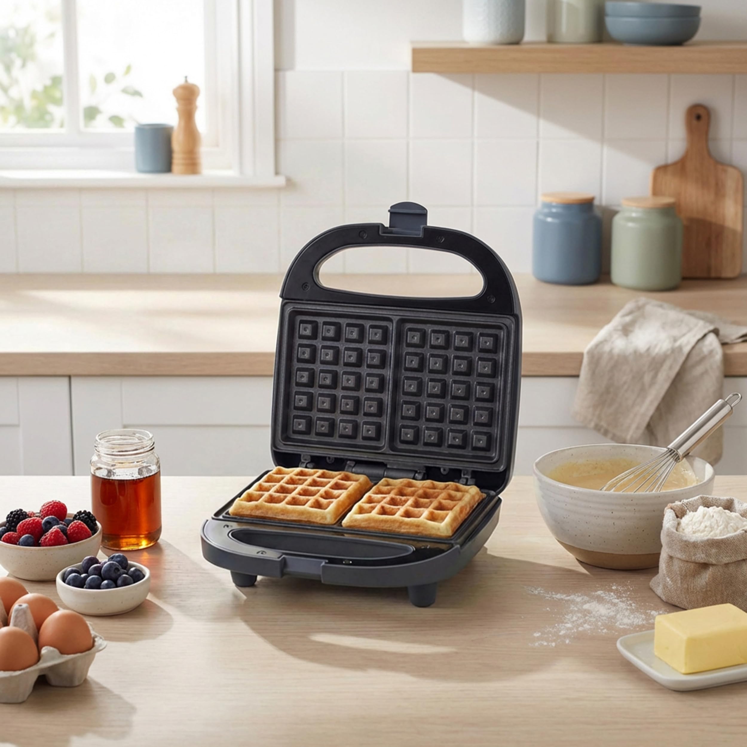 Progress Mellow Waffle Maker - 2 rebanadas, control automático de temperatura, luces indicadoras de encendido/listo, placas de cocción antiadherentes, asas de transporte frías al tacto, 750 W
