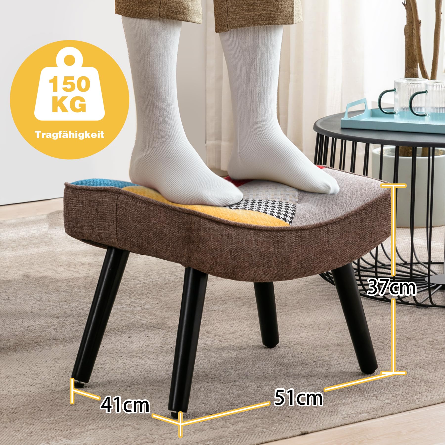 Fußhocker Holzbeine Leinen-Patchwork, bunt, für Wohnzimmer Schlafzimmer, 51 * 38 * 37 cm