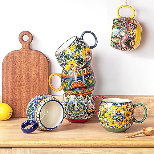 Miniatura 3 de Henten Home Juego de 6 tazas de porcelana con leche, tazas de café coloridas de 20 onzas con asa, taza de cerámica bohemia para capuchino, leche,