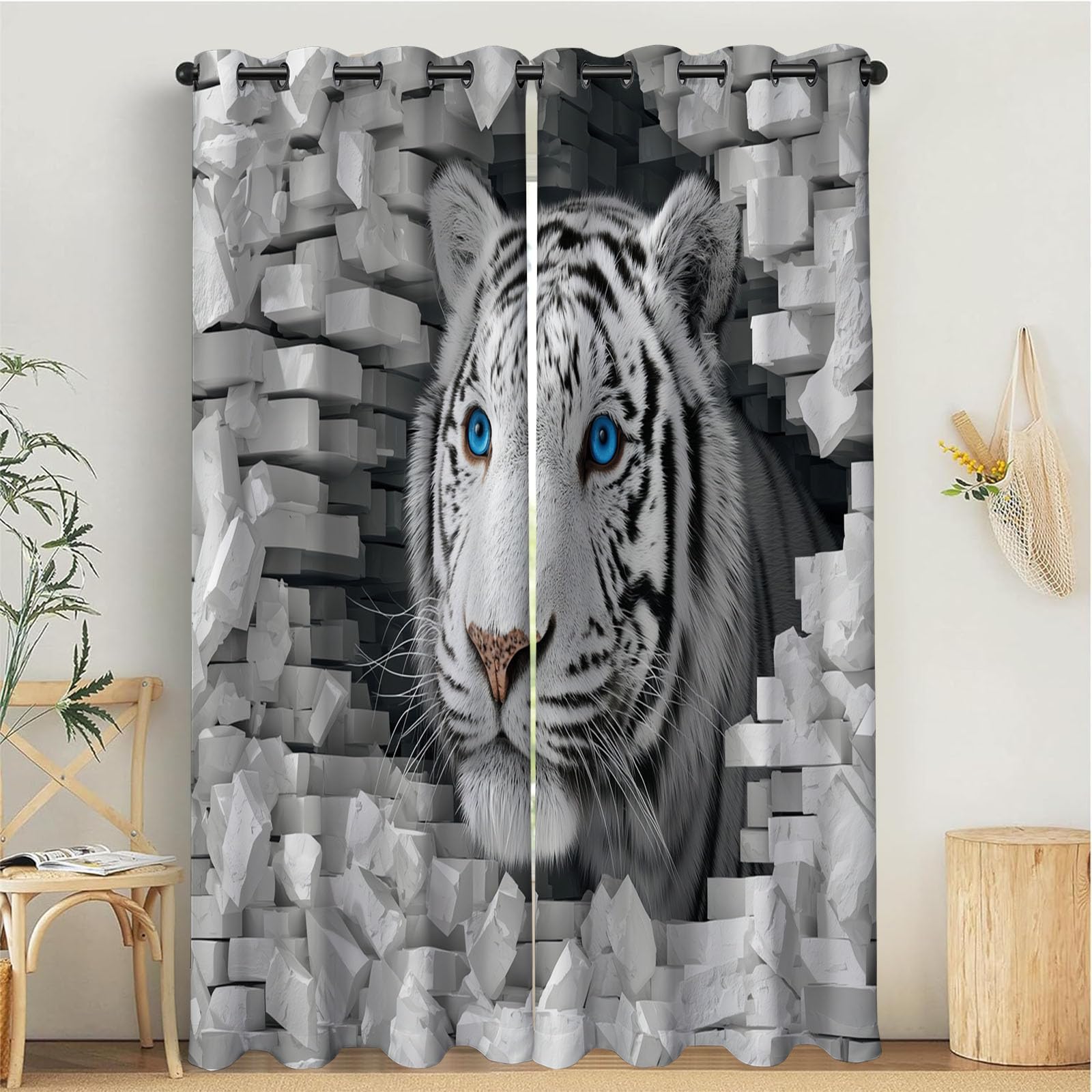 Rideaux occultants tigre blanc 140x200 cm pour décoration de chambre d'enfant