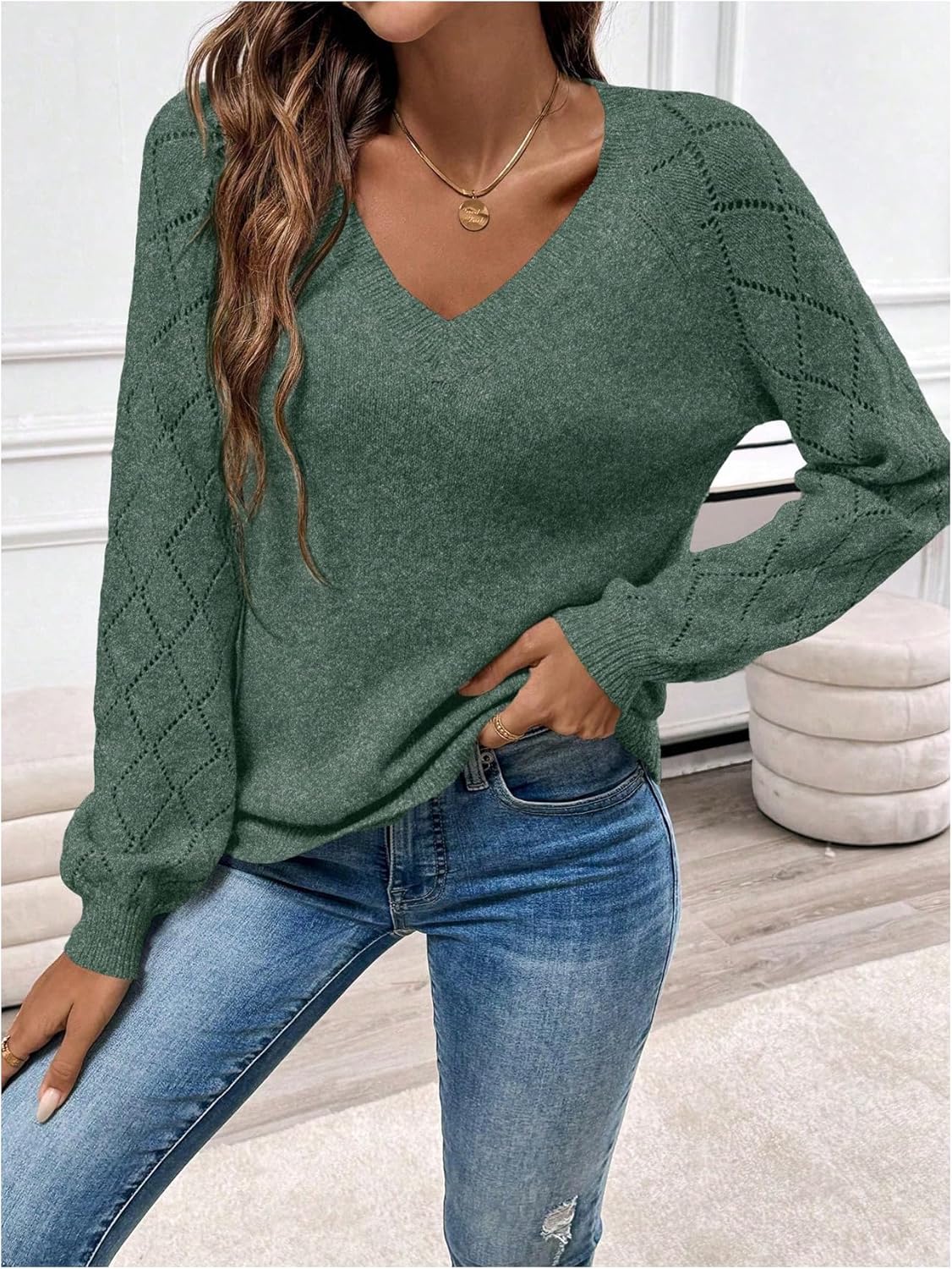 SHENHE Women's Fall Sweaters V Neck Hollow Out Lightweight Raglan Sleeve Cozy Sweaters 2025 Trendy - Image 5