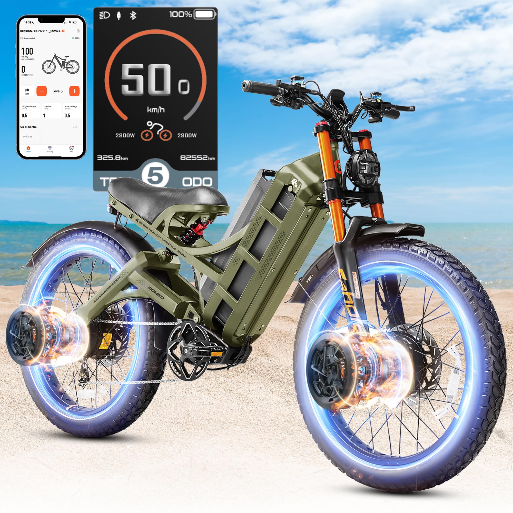 2025 eAhora Romeo Pro 3/2 50Mph/46Mph Electric Bike for Adults Peak 5600W/4000W Dual Motor Ebike, 60V/80Ah 52V/70Ah 235+Miles Long Range Ebike, 26*4.0" Fat Tire Electric Mountain Bike, Full Suspension