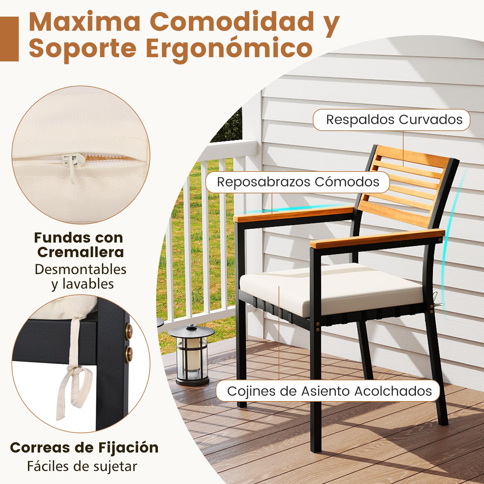 COSTWAY Conjunto Jardín Exterior de 7 Piezas, Madera Acacia, Muebles de Comedor con Mesa Extensible,6 Sillas Apilables，Cojines Extraíbles，Mesa y Sillas Jardin Patio Terraza Balcon