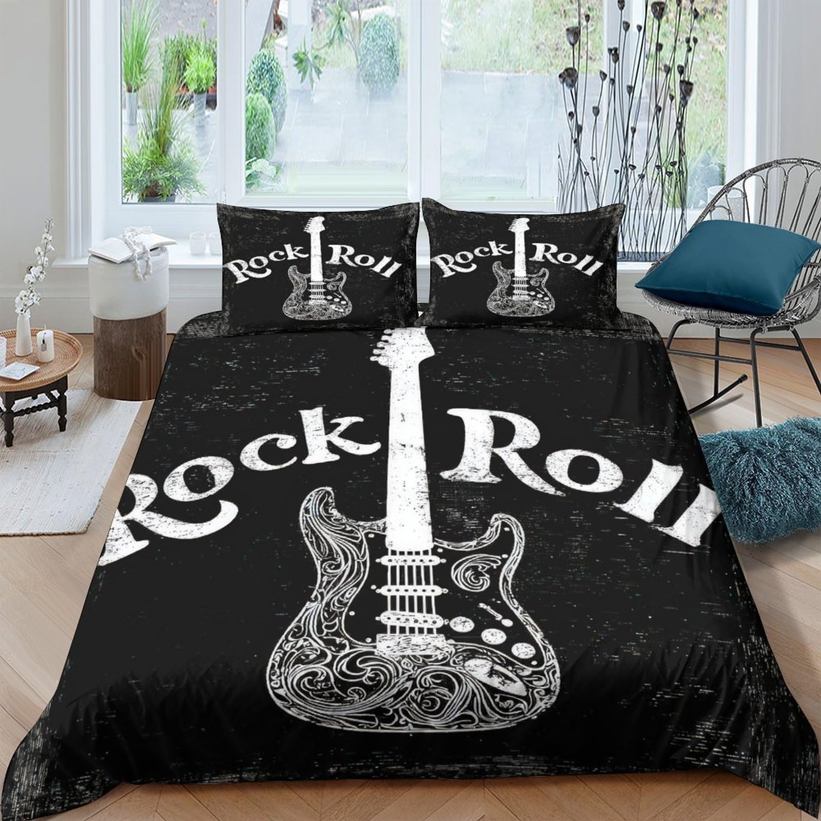 Ctjqhvkz Style-2 3D Printed Rock Guitar Fitted Sheet Microfiber Soft Black Bed Cover For Bedroom Guest Room Mattress Protection Decor Single（135X200cm）